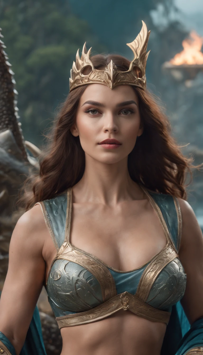 a beautiful woman queen of Atlantis (((super strong, muscular, ABS,))) sitting on a throne wearing stylish scale armor holding a trident in her hands, next to her a monster shark, a beautiful place with rising water bubbles and adorable creatures , 35mm lens, photography, ultra details, HDR, UHD,8K