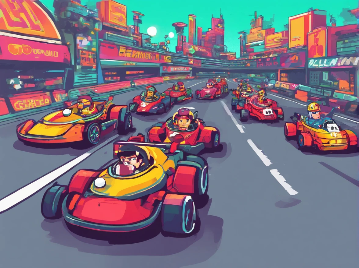 Three cartoon characters are riding on a track with helmets, New AI race, Alien racing drivers, f 1, race, helmet instead of head, helmet is off, Drivers, Ferrari, Formula 1, F1 cars blurred on the background, 🔞🤡, 🐋 as 🐘 as 🤖 as 👽 as 🐳, official modern animation, cognitohazard, anime, pixelized, kids cartoon, kawaii, racing, kart, Roliman, speedway, raceway