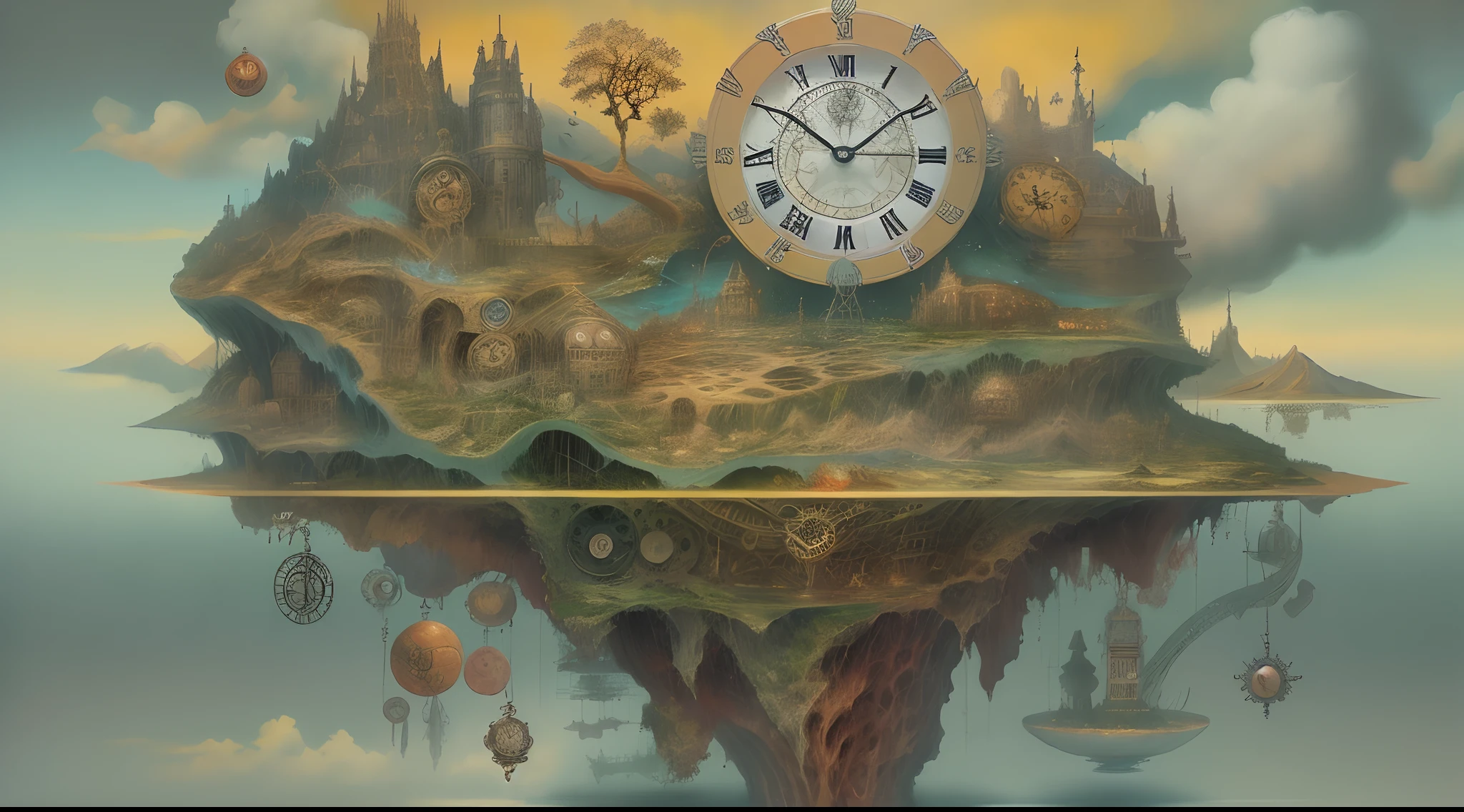 Surrealist painting of a floating island with giant clock gears, populated with mythical creature