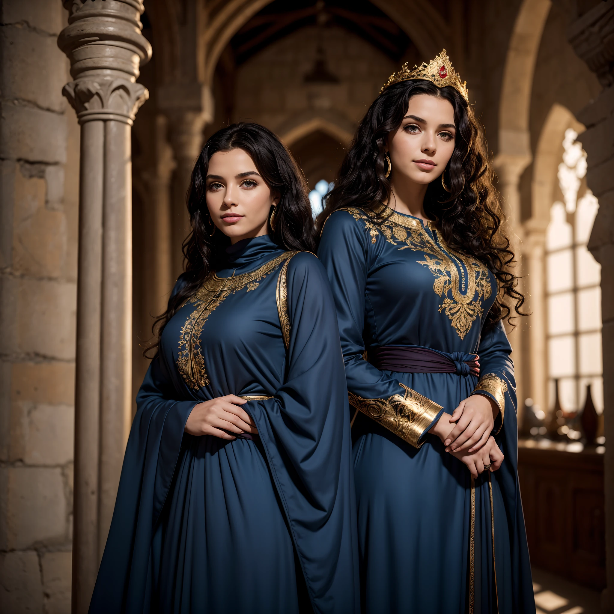 Photo brute, femme 25 ans, very beautiful smile Image up to the waist in the center of the composition, ((long, noir, curly hair)), yeux bleus, hautain, salope, arrogant, embroidered with gold from the early Middle Ages (Moroccan Caftan Respectable Islamic Outfit BLUE and DARK Red) avec long, grand, Manches droites spacieuses, in a medieval castle, blurred background, 8K UHD, dim lighting, hiquality, grain du film, Fujifilm XT3