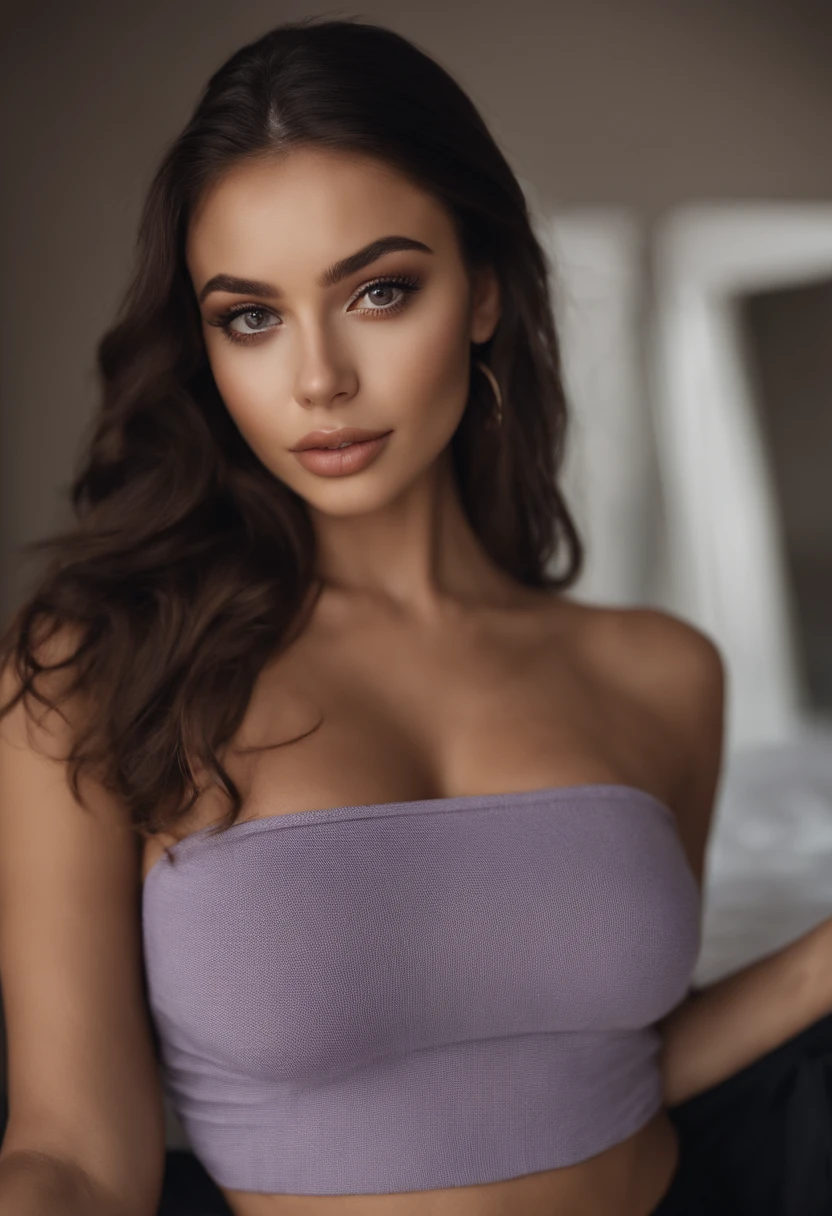 arafed woman with black atractive clothes, sexy girl with brown eyes, portrait sophie mudd, latina , black hair and large eyes, selfie of a young woman, bedroom eyes, violet myers, without makeup, natural makeup, looking directly at the camera, face with artgram, subtle makeup, stunning full body shot, in a roof , cleavage