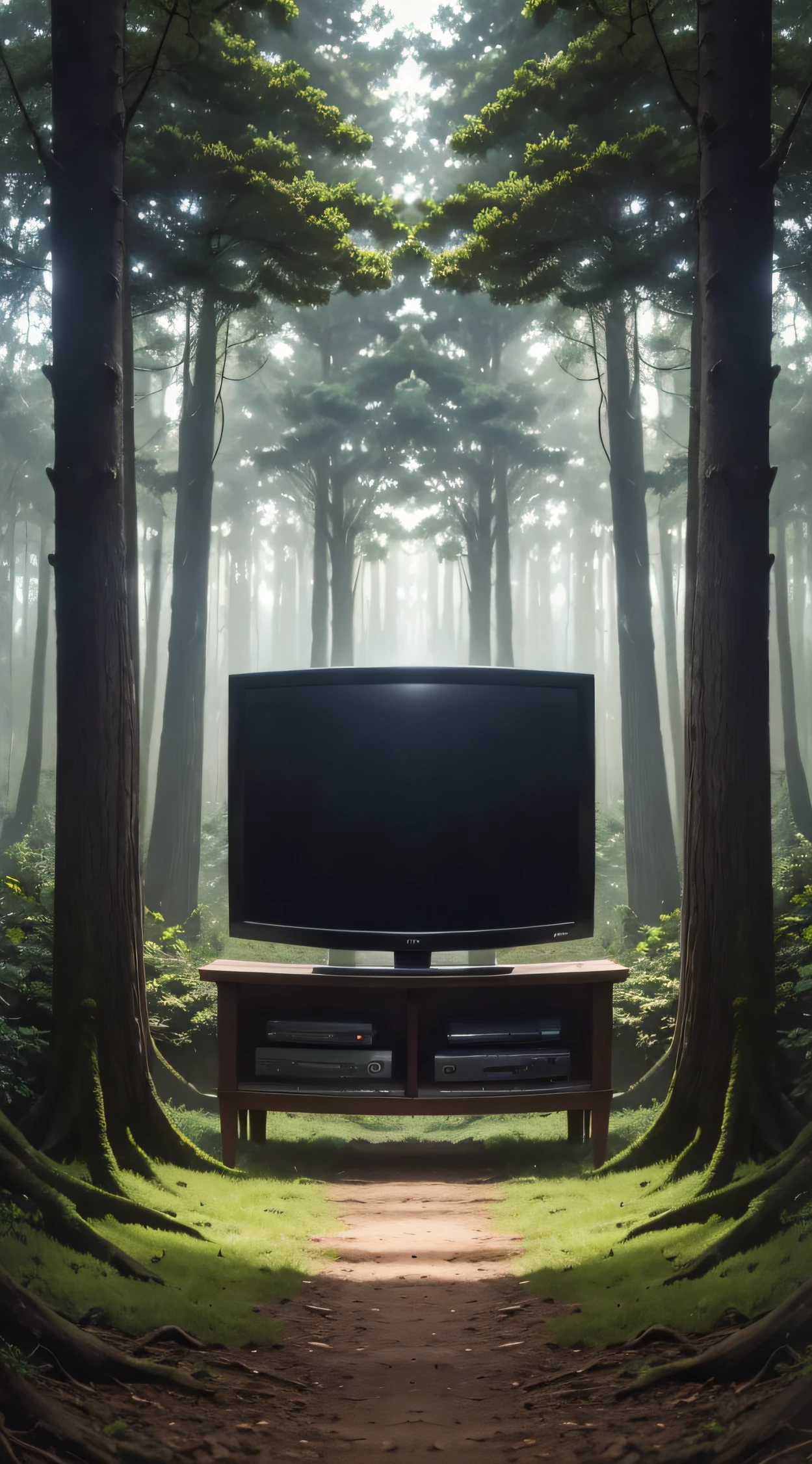 Symmetrical image with television turned off centered in the middle of the larger image that occupies almost the entire forest, em uma floresta cheia de ogros em volta, large black screen television, large black screen television, large black screen television, large black screen television, muitos animais fantasiosos, com muitas arvores gigantes, with a forest full of big trees and beautiful fantasy animals
Large and symmetrical television in the middle of the picture, Large and symmetrical television in the middle of the picture, Large and symmetrical television in the middle of the picture, Large and symmetrical television in the middle of the picture, Large and symmetrical television in the middle of the picture