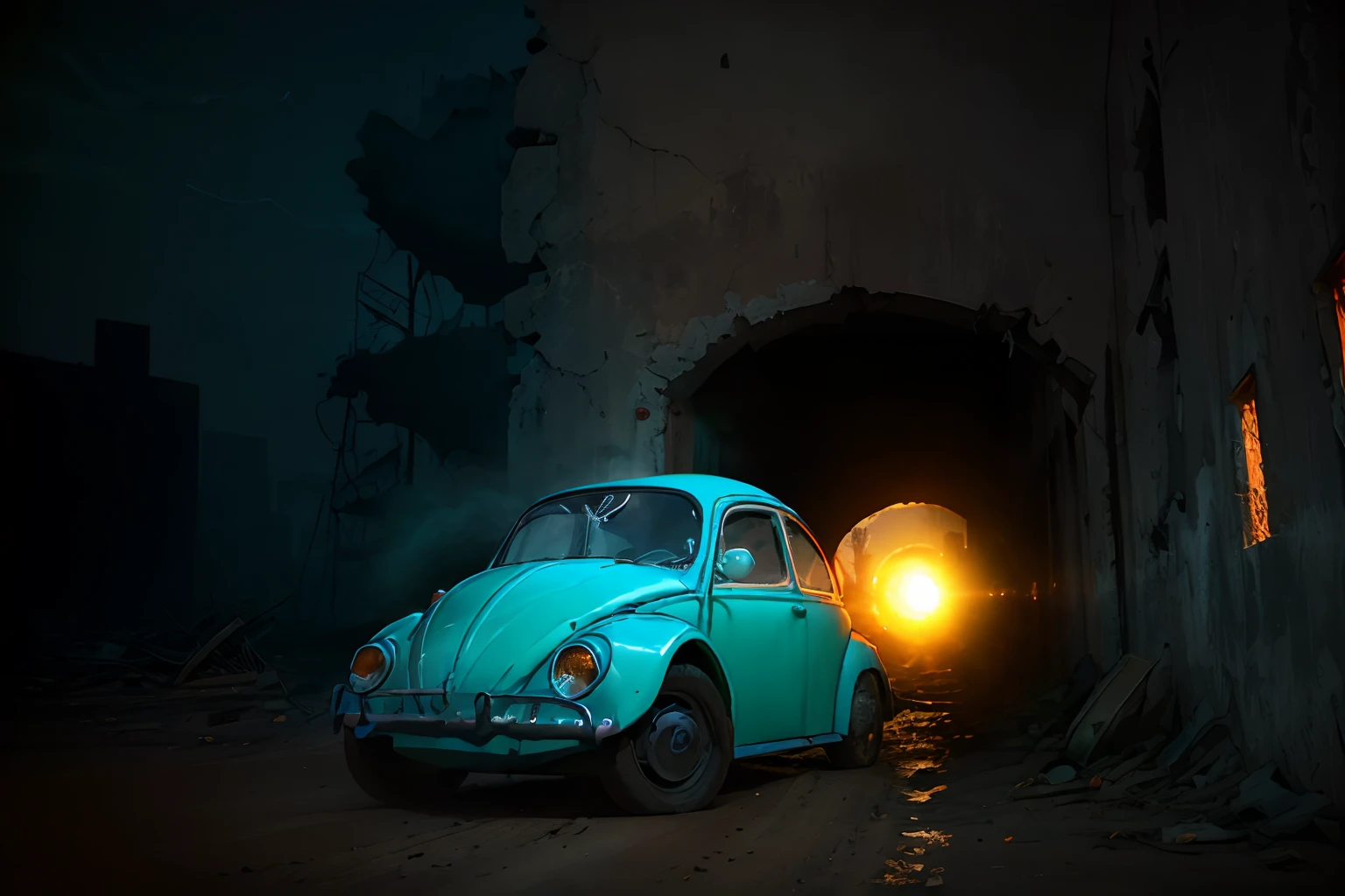 Grim photo of a Volkswagen Beetle car (dark red), headlight on, ((three-quarters view)), (dark sunset), driving on a dirt road, (city in ruins), 1969, ((horror film)), slasher movie, chainsaw massacre, amish cult, film grain, retro, high detail, sharp focus, ((photorealism)), realistic, best quality, 8k, award-winning, dramatic lighting, epic, cinematic, masterpiece, ambient mist: 1.4,