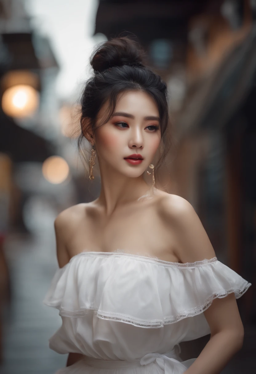 ultra realistic, best beautiful korean girl, black wavy hair, high bun hair , on street, white tiered skirt, cleavage, white tank top, wet clothes
