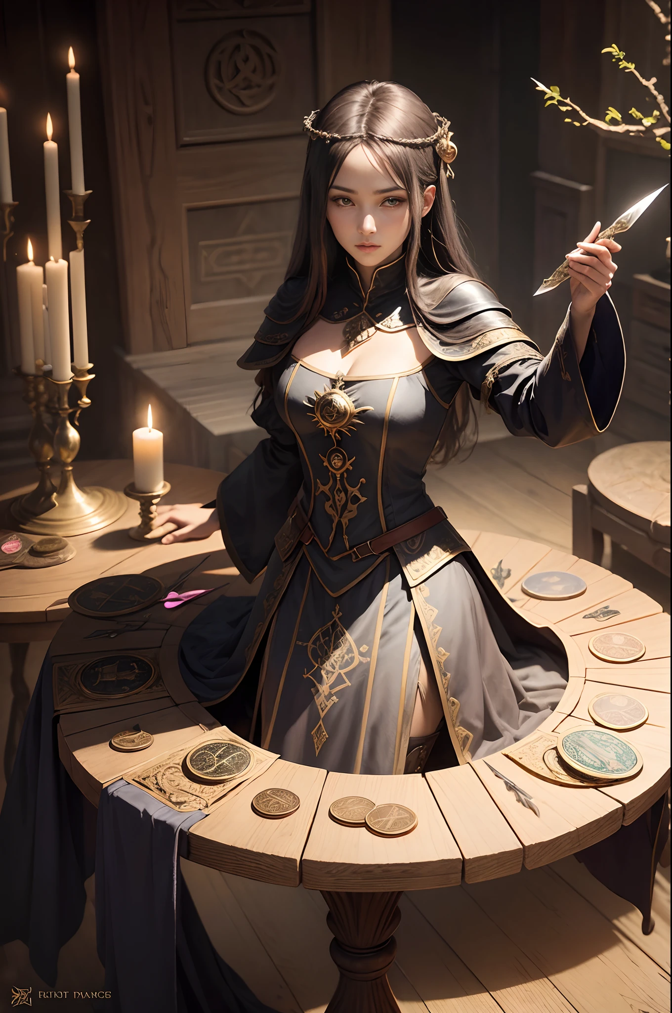 Tarot Cards, (a sorceress), medieval clothing, Table with knife Cup Branches Coins, 年轻, rider-waite tarot, Art Nouveau Edge, Infinite Symbols