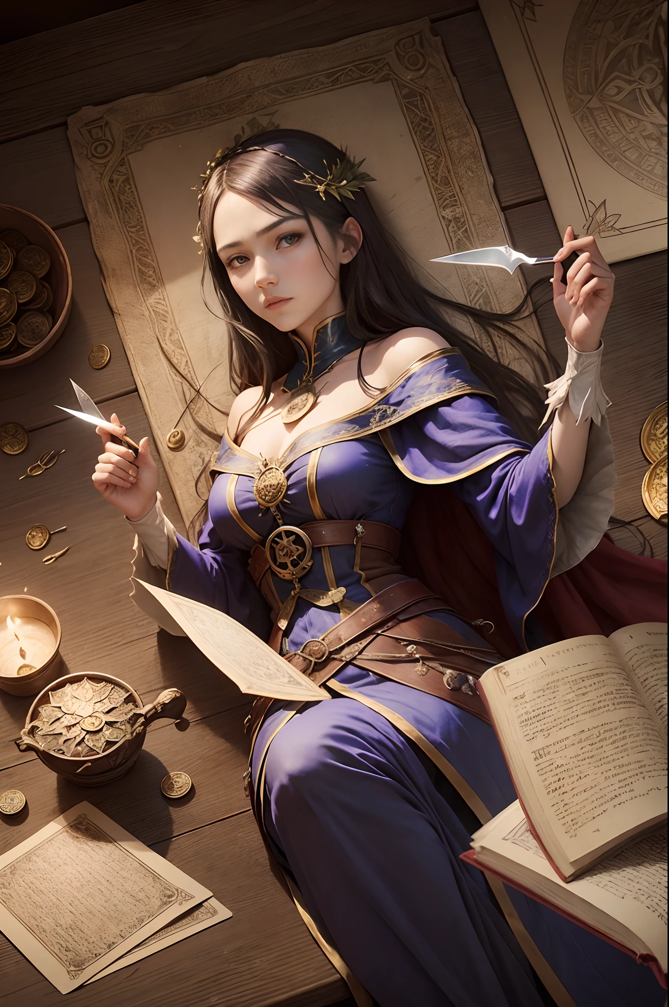Tarot Cards, (a sorceress), medieval clothing, Table with knife Cup Branches Coins, 年轻, rider-waite tarot, Art Nouveau Edge, Infinite Symbols