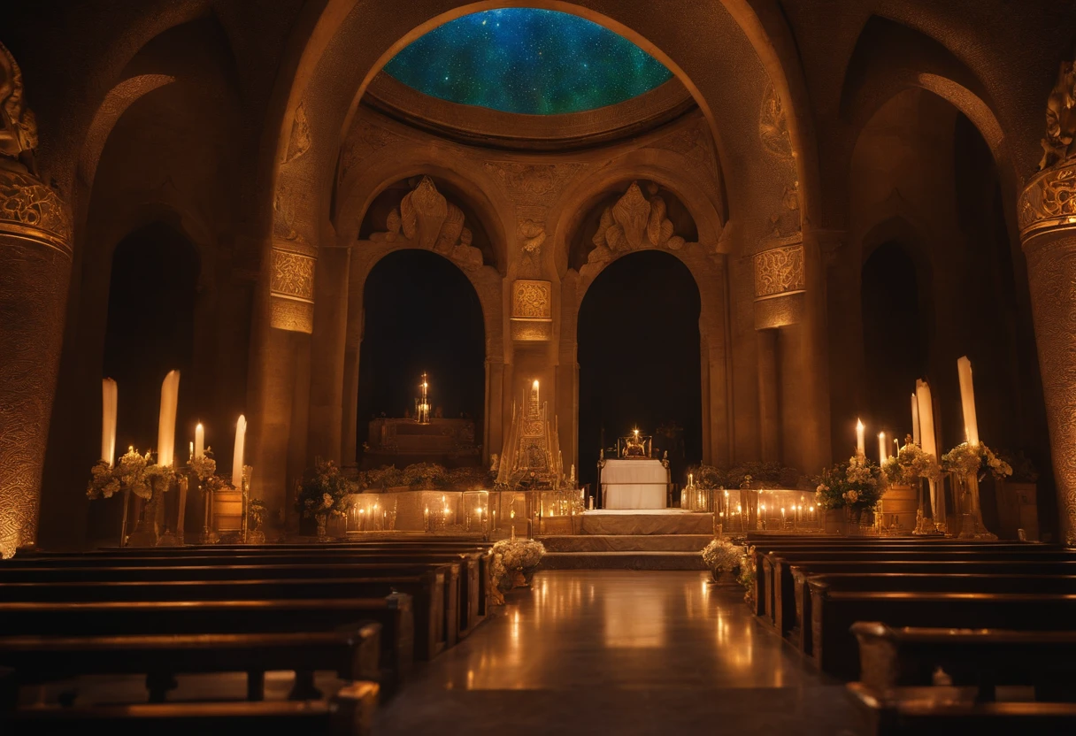 "Visualize a scenario of reverence and faith, where the presence of God is manifested in all its splendor. Um altar iluminado, adorned with sacred symbols and an aura of peace and serenity, representa a grandiosidade do Criador. Around you, Faithful gather in a gesture of humility and devotion, his hands raised in supplication and gratitude. The heavenly light radiates from the heavens, Connecting to the altar and the hearts of believers, symbolizing the divine response to the prayers of impossible causes. May this image convey certainty in the transcendence of the divine and trust in the endless grace of God."
