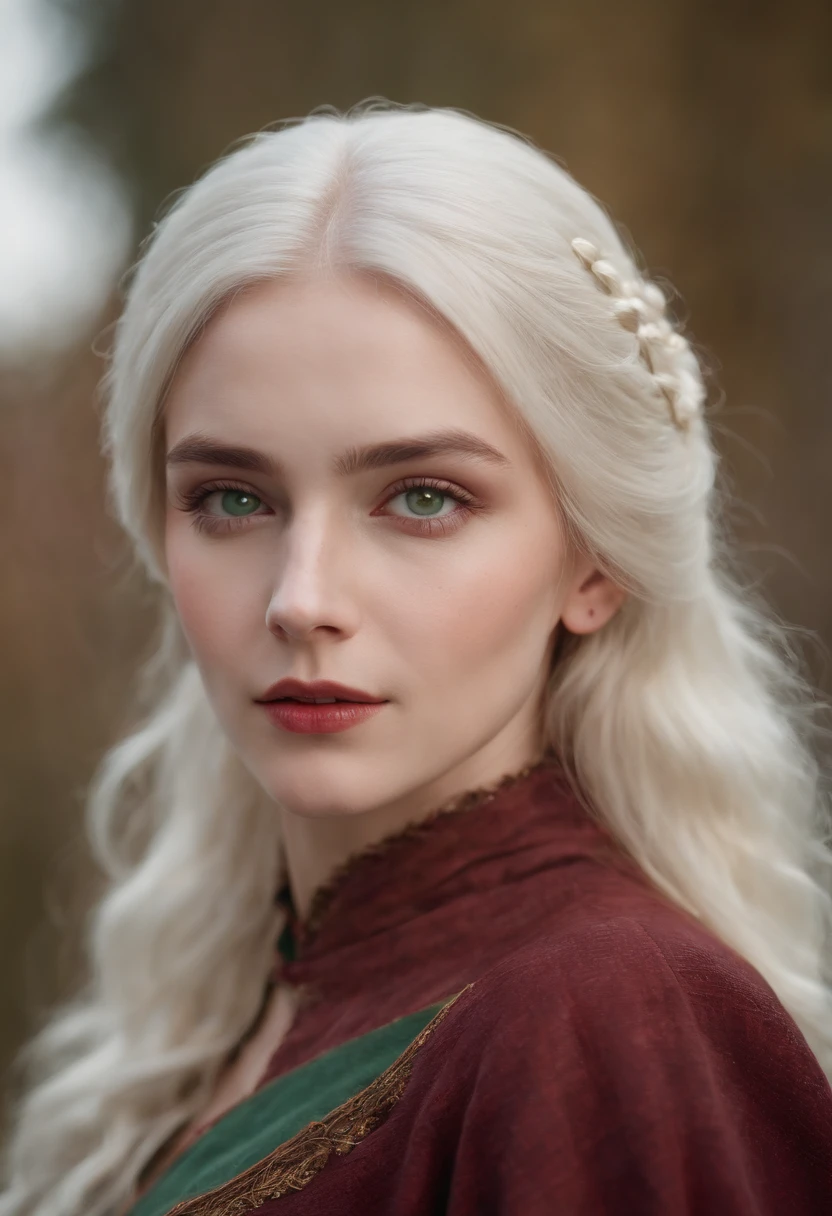 (((a deep reddish wound crosses her left cheek))) fair complexion, woman around 19 years old, natural white hair, distinctive green eyes, wearing kohl, slender and graceful, beautiful, candlelight in a medieval setting, ultra sharp focus, realistic shot, medieval female clothes, tetradic colors (scar:1.4)