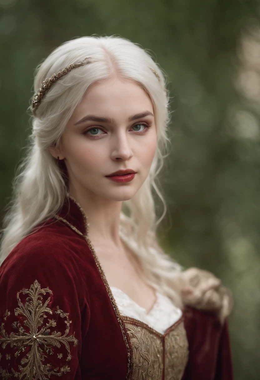 (((a deep reddish wound crosses her left cheek))) fair complexion, woman around 19 years old, natural white hair, distinctive green eyes, wearing kohl, slender and graceful, beautiful, candlelight in a medieval setting, ultra sharp focus, realistic shot, medieval female clothes, tetradic colors (scar:1.4)