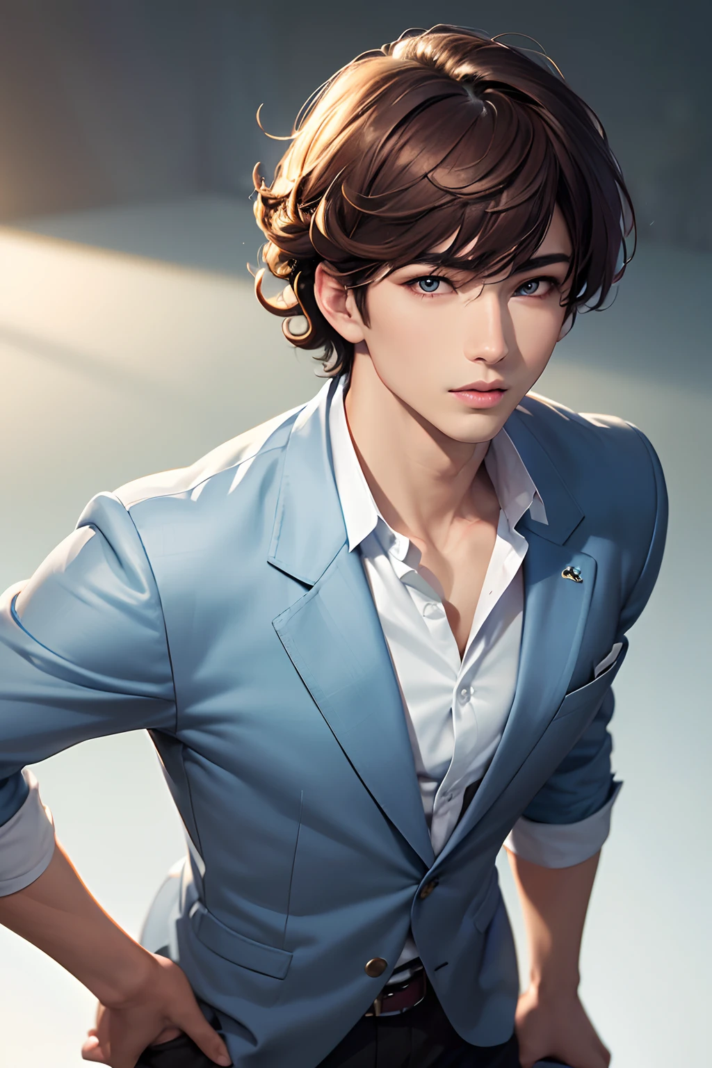 "(best quality,4k,8k,highres,masterpiece:1.2),ultra-detailed,(realistic,photorealistic,photo-realistic:1.37), manhwa art asian boy, warm light tanned skin, reddish brown hair, fluffy unruly curly hair, bangs, small slanted eyes, light icy blue eyes, long bottom eyelashes, small smile on face, plump lips, light icy blue irises, comforting gaze, strong jawline, flirty but mysterious character, wearing a black/white school blazer with school logo on it, 8k, detailed features, extremely beautiful asian face features, very handsome boy, dreamy look on face, bright lighting, blurred background