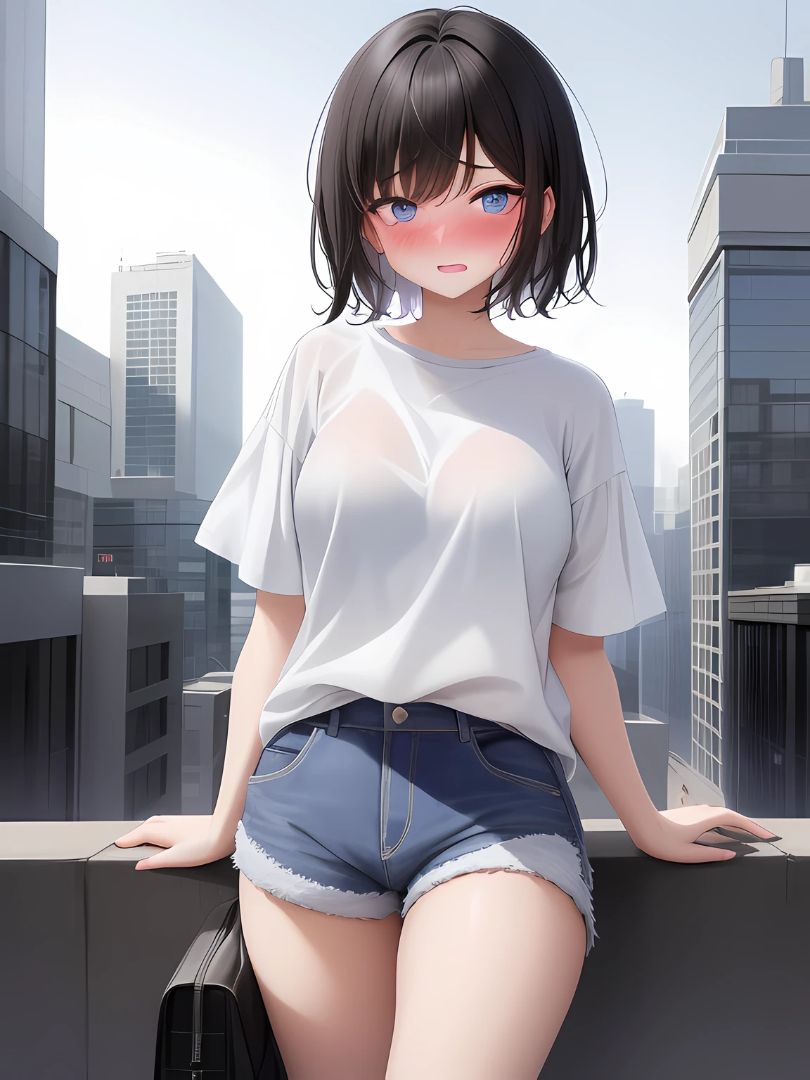 1girl, short black hair, blushing, embarrassed from, blue eyes, wearing plain white shirt, denim shorts, city, absurdres, high res, ultrasharp, 8K, masterpiece, looking at viewer