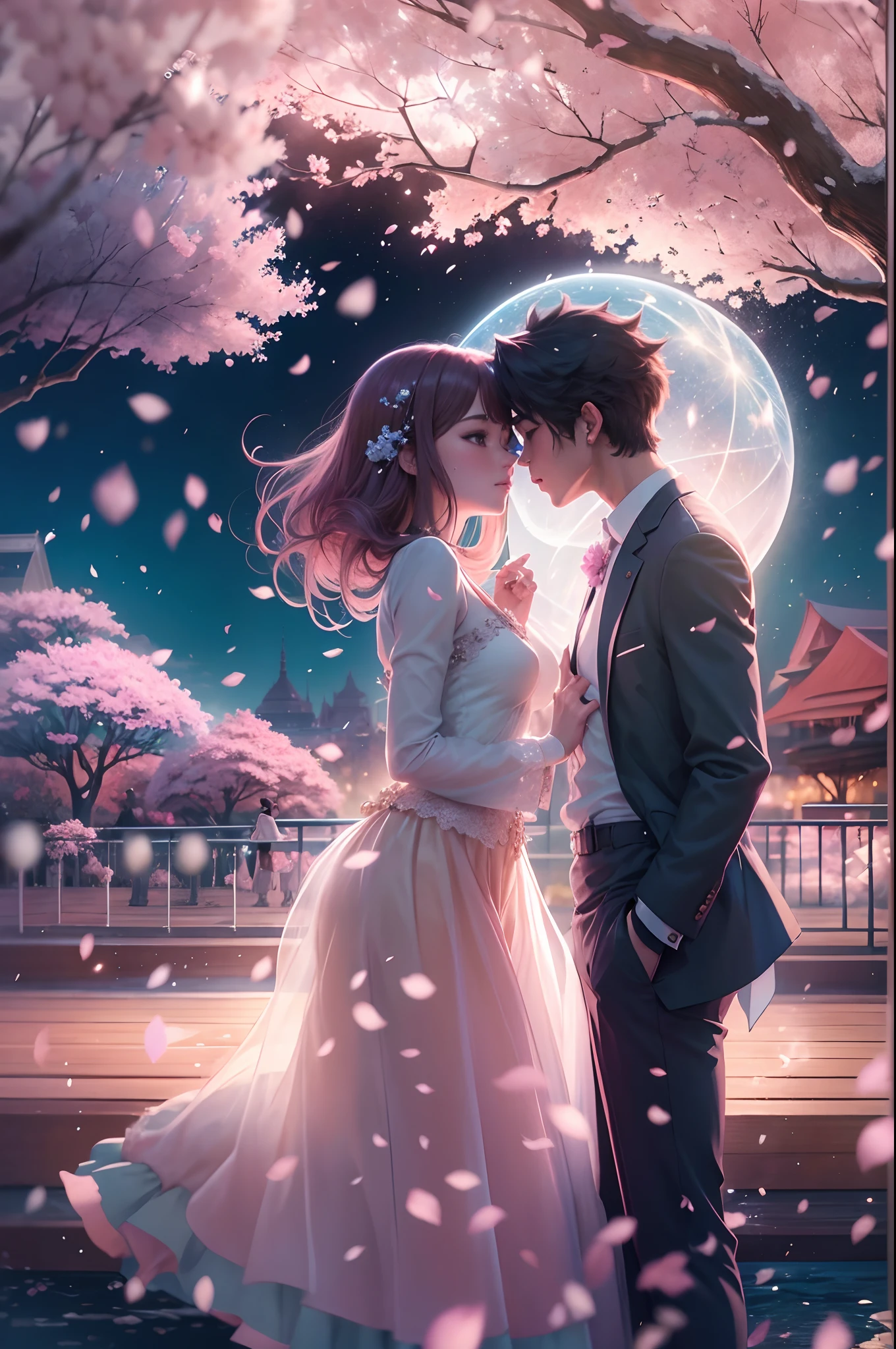 An anime scene of a young man and a girl hugging and kissing intensely, with sparkles floating around them as they stand under the cherry blossoms in a dream park, ele tem roupas elegantes, ela tem um vestido elegante e sem nudez, Her eyes are blue, cabelos castanho-escuros, apaixonados.