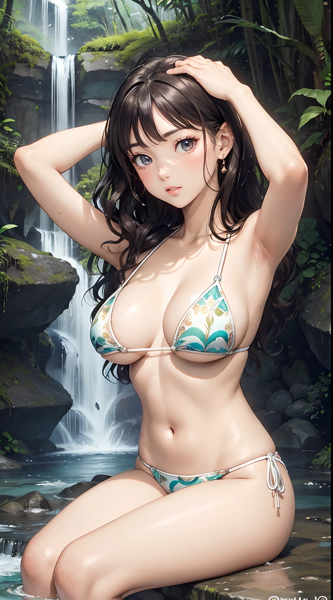 best quality, beautiful woman, sitting down, arms up, river rocks, printed micro bikini, perfect slim fit body, nice breasts, big gorgeous eyes, magical rainforest waterfalls, soft smile, parted lips, wavy hair, intricate details, excellent composition, soft tones, clean lines, photorealistic, perfect illustration