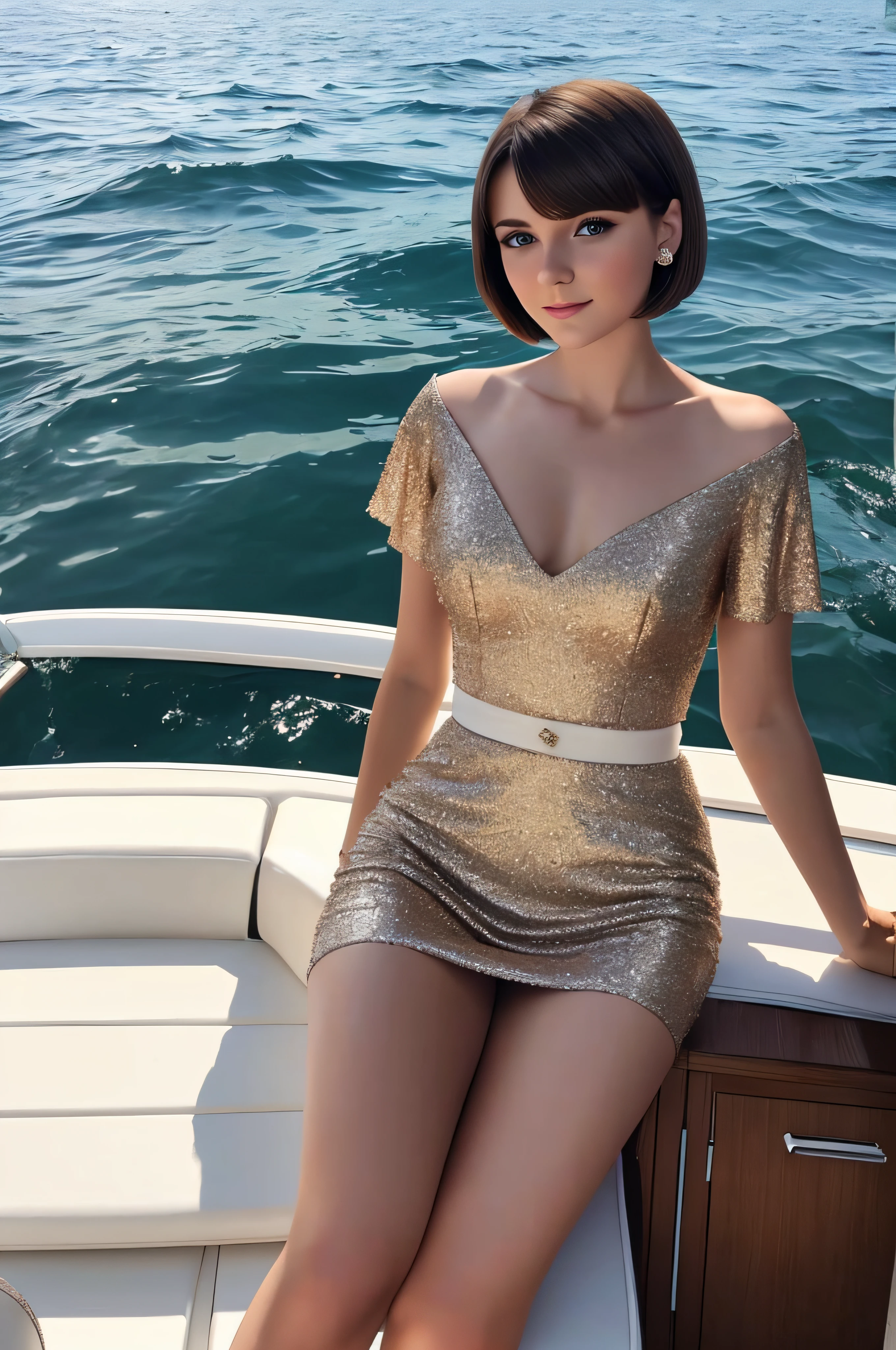 Beautiful ukranian girl named malkovai in a on a luxury boat, showing off skin, champagne glass in hand, dancing, short polka dress, wearing necklace