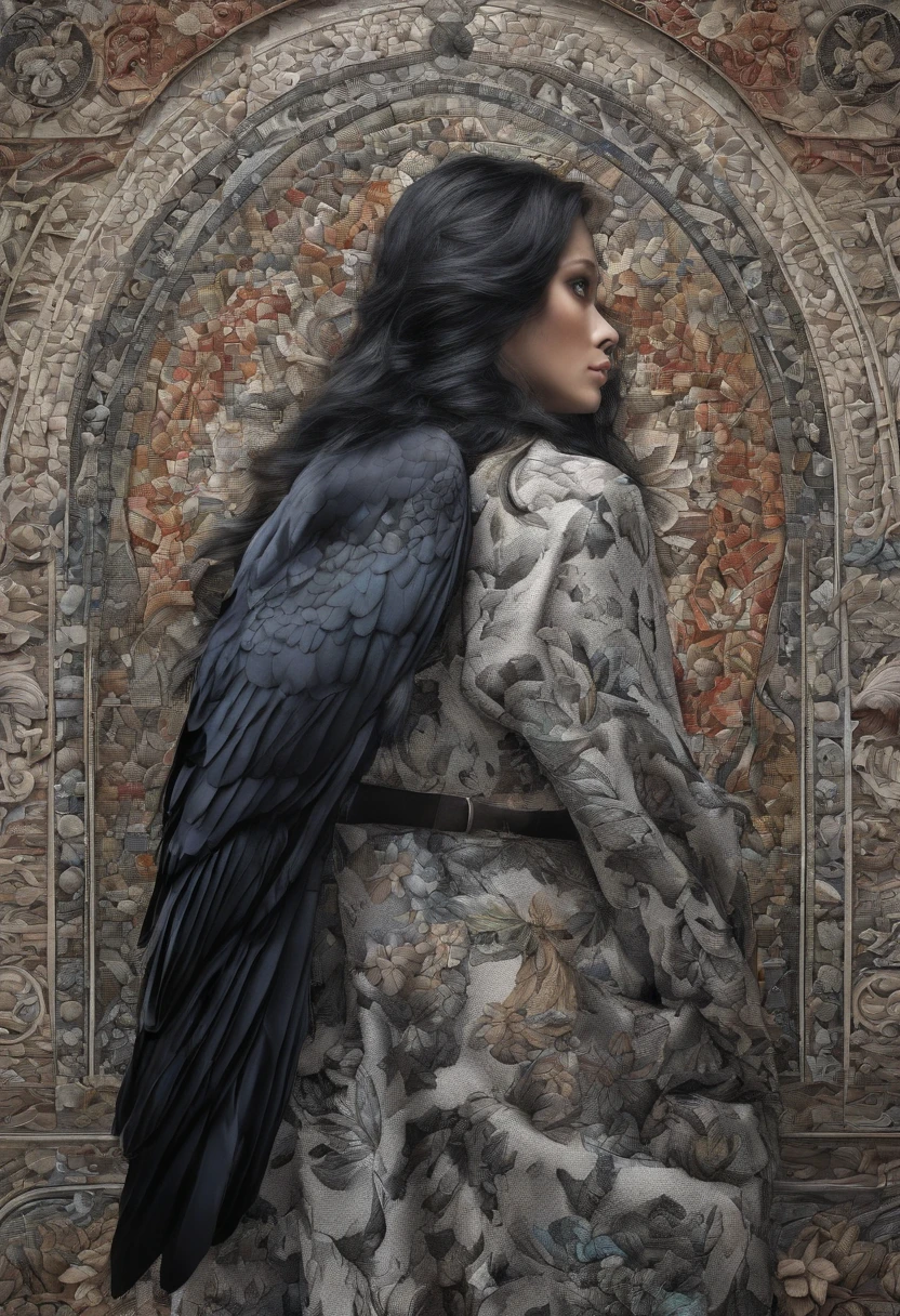 Amidst monochrome mosaics, a raven-haired muse emerges, draped in the vibrant tapestry of life.