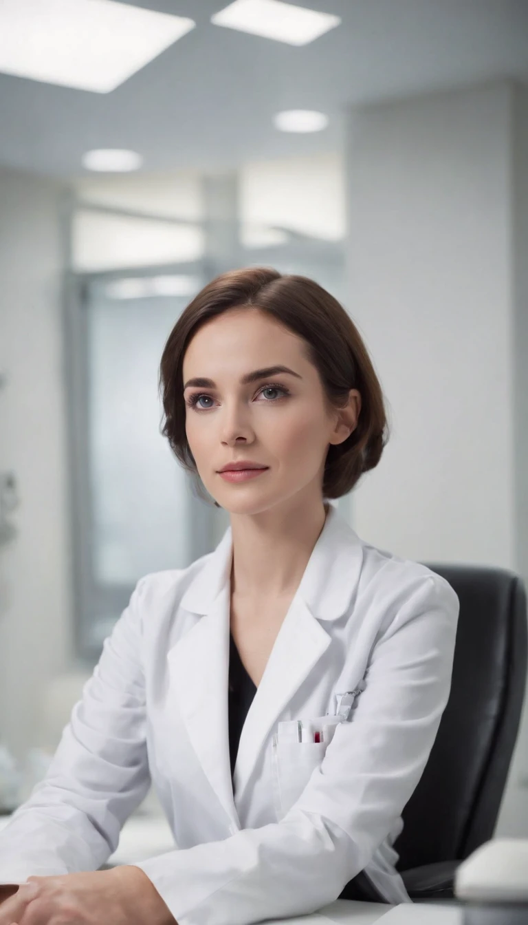 Woman, doctor, short broen hair, pretty American woman,27 years old, behind the desk, white long lab coat, kind snile, sitting, background: dark hospital Labrador