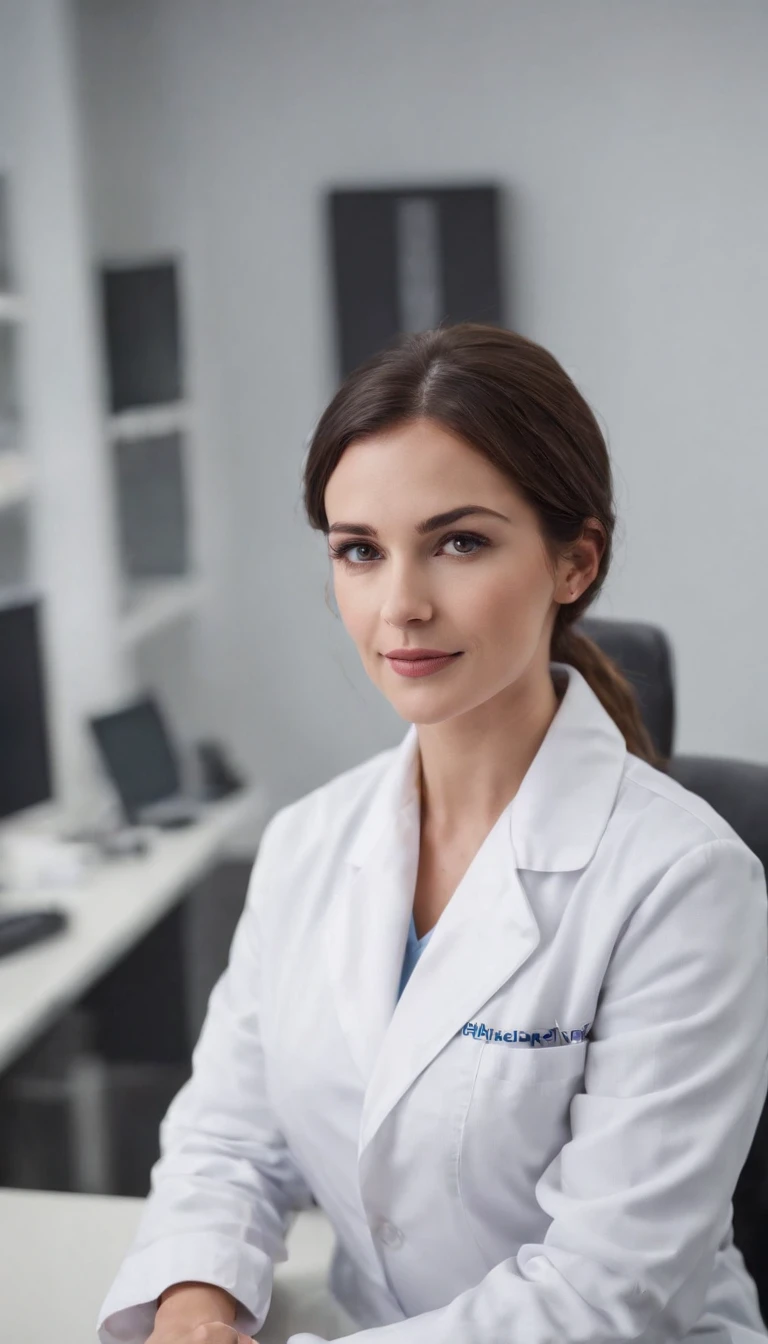 Woman, doctor, short broen hair, pretty American woman,27 years old, behind the desk, white long lab coat, kind snile, sitting, background: dark hospital Labrador