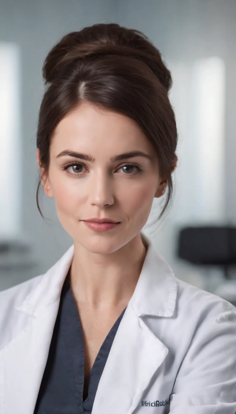 Woman, doctor, short broen hair, pretty American woman,27 years old, behind the desk, white long lab coat, kind snile, sitting, background: dark hospital Labrador