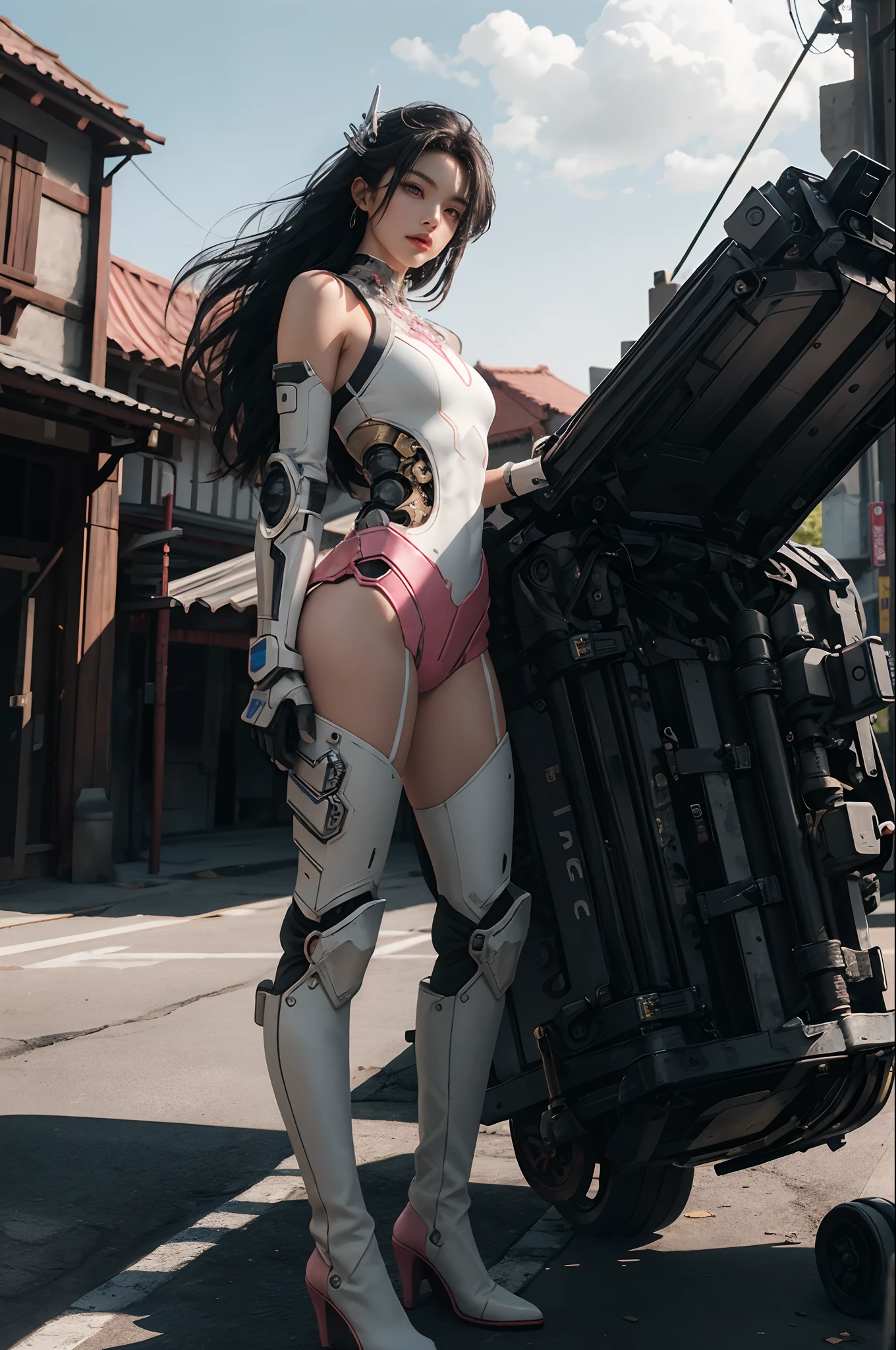 masterpiece, best quality, 1girl, solo, perfect face, looking at the viewer, tight skin transparent vinyl, long black hair, gray eyes, pale skin, shanyaogaoda, lock, pink armor with white part, armor, helmet, lineart, poorly lit, discreet, sharp focus, octane, backlighting, machines, backlighting, shiny clothes, mechanical legs, thrusters, flying, hair ornament, high heels, shiny, artist name, standing, thighs, pink eyes, teeth, looking down, armored boots, cyborg, (large mechanical background: 1.2), bare shoulders, lips, machine, The view from bottom up, cosplay, RAW photo, delicate, best quality, (intricate details: 1.3), hyper detail, finely detailed, colorful, 8k uhd, film grain, (studio lighting: 1.2), (Fujifilm XT3), (photorealistic: 1.3), (detailed skin: 1.2) ultra high res, Outside in park with lake, best quality, photo, 4k, (photorealistic: 1.4)