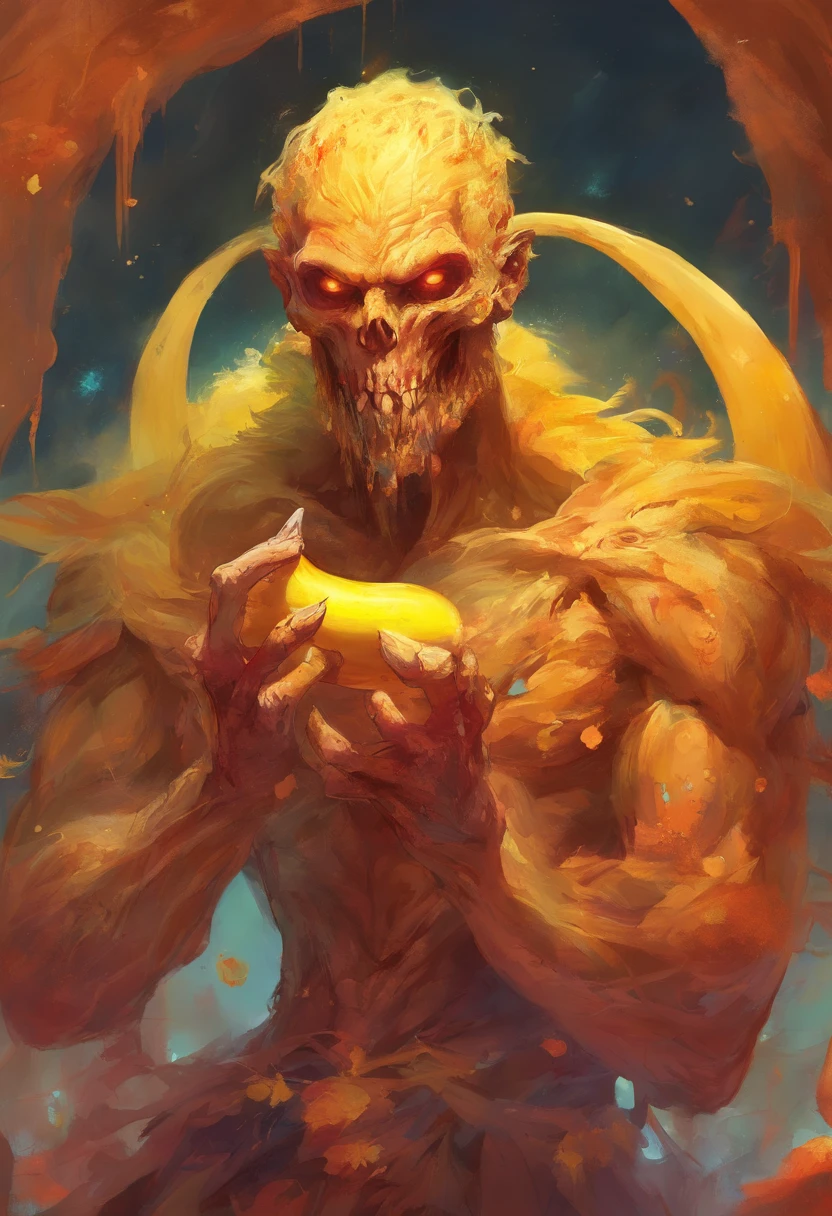 An Anime masterpiece Zombie eating a Banana, Cinematic, terror, horror, orange goo