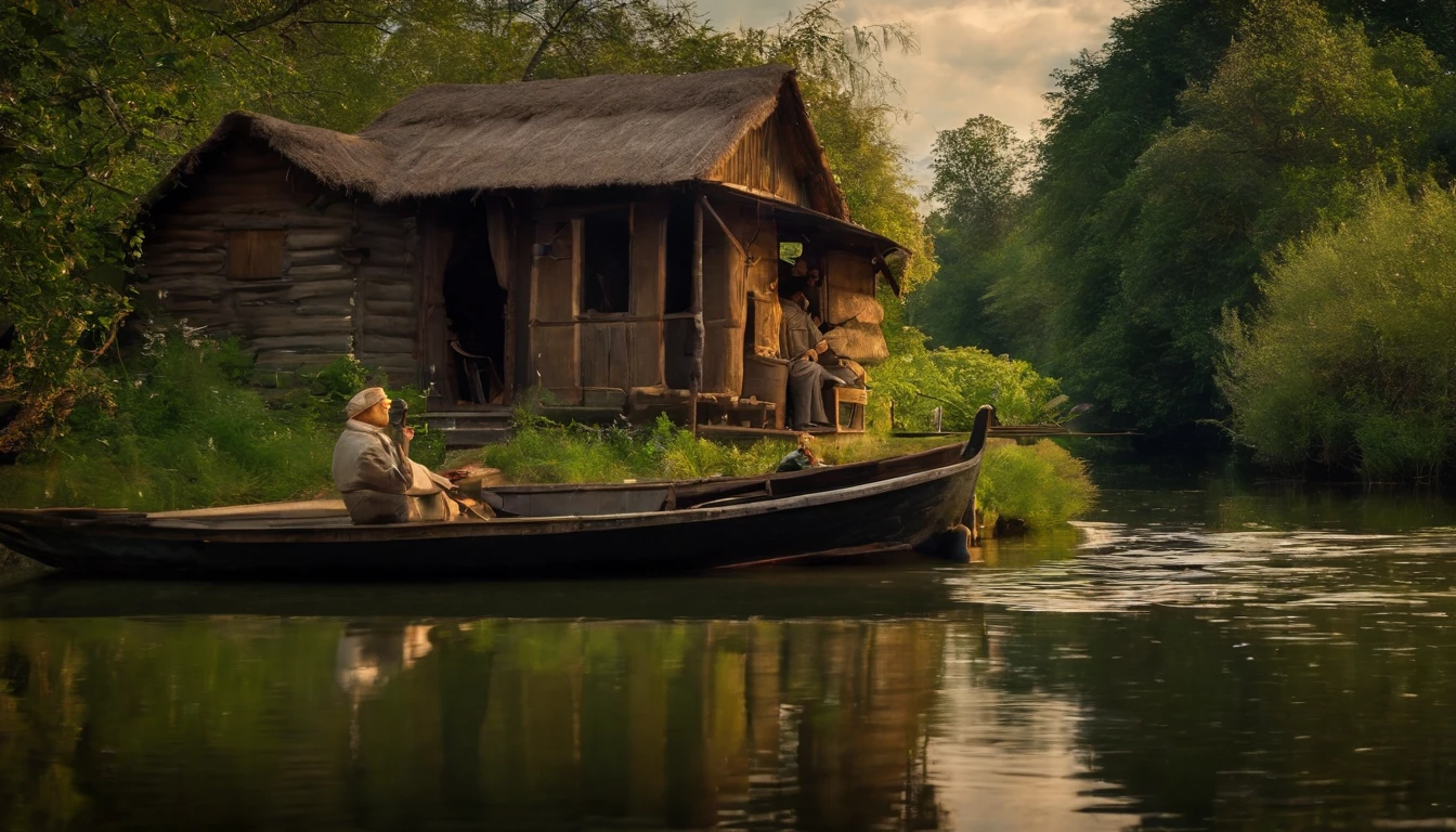 There are a old hut beside the river, a fishing boat near hut over the water, ((ducklings are swimming near the boat)), flowers are blooming beside the hut, an old man smoke and sitting in front of the hut. Masterpiece art work.