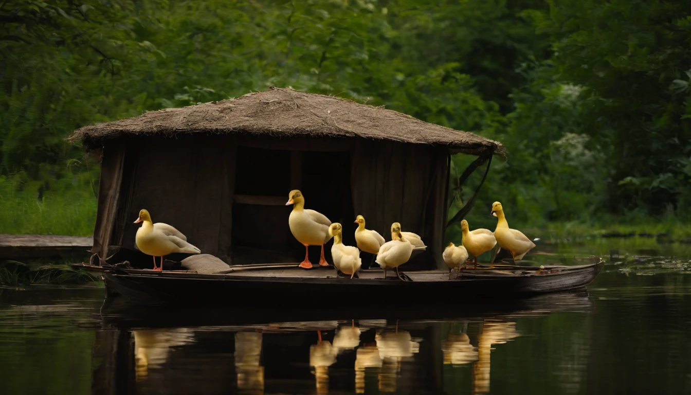 There are a old hut beside the river, a fishing boat near hut over the water, ((ducklings are swimming near the boat)), flowers are blooming beside the hut, an old man smoke and sitting in front of the hut. Masterpiece art work.