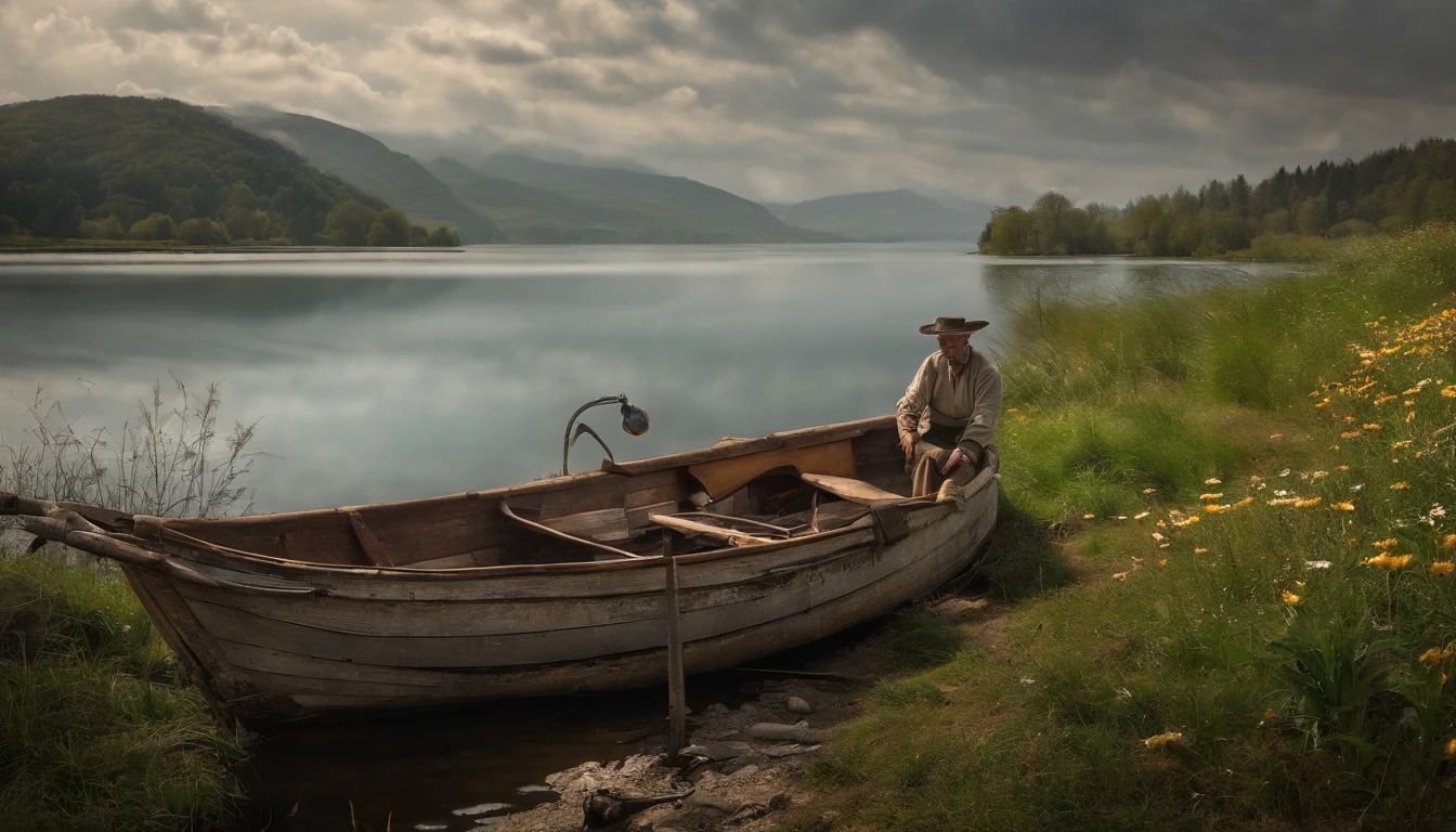 There are a old hut beside the river, a fishing boat near hut over the water, ((ducklings are swimming near the boat)), flowers are blooming beside the hut, an old man smoke and sitting in front of the hut. Masterpiece art work.