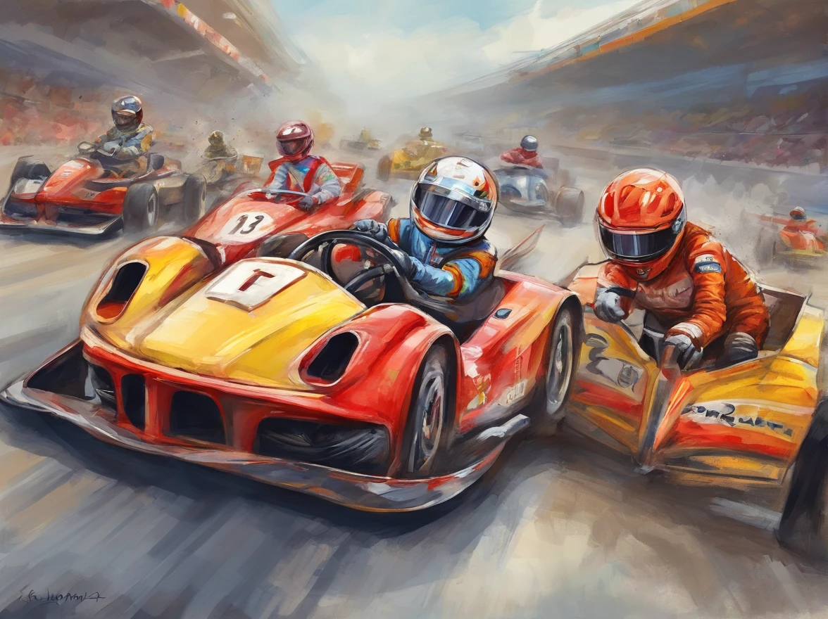 Three cartoon characters are riding on a track with helmets, New AI race, Alien racing drivers, f 1, race, helmet instead of head, helmet is off, Drivers, Ferrari, Formula 1, F1 cars blurred on the background, 🔞🤡, 🐋 as 🐘 as 🤖 as 👽 as 🐳, official modern animation, cognitohazard, anime, pixelized, kids cartoon, kawaii, racing, kart, Roliman, speedway, raceway, retro, arcade, game