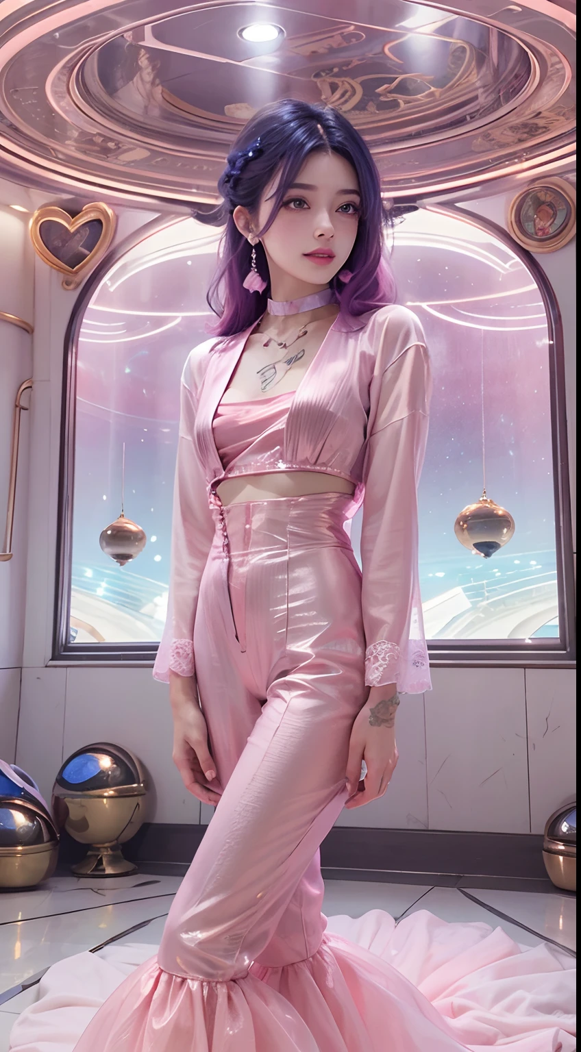 1girll,(Captivating quality:1.4),(True textured skins of the highest quality), Delicate face,Pink twin-tailed hair, Gradient Hair, (perfect bodies:1.1),Heart-shaped choker、long eyelasher,grin, hyperphotorealism, Cinematic lighting, projected inset, surrealism, hyper HD, masutepiece,Dream On,Please wear clear silk pajamas,Carmelto,tattooed,Fantasy space,Luxurious space