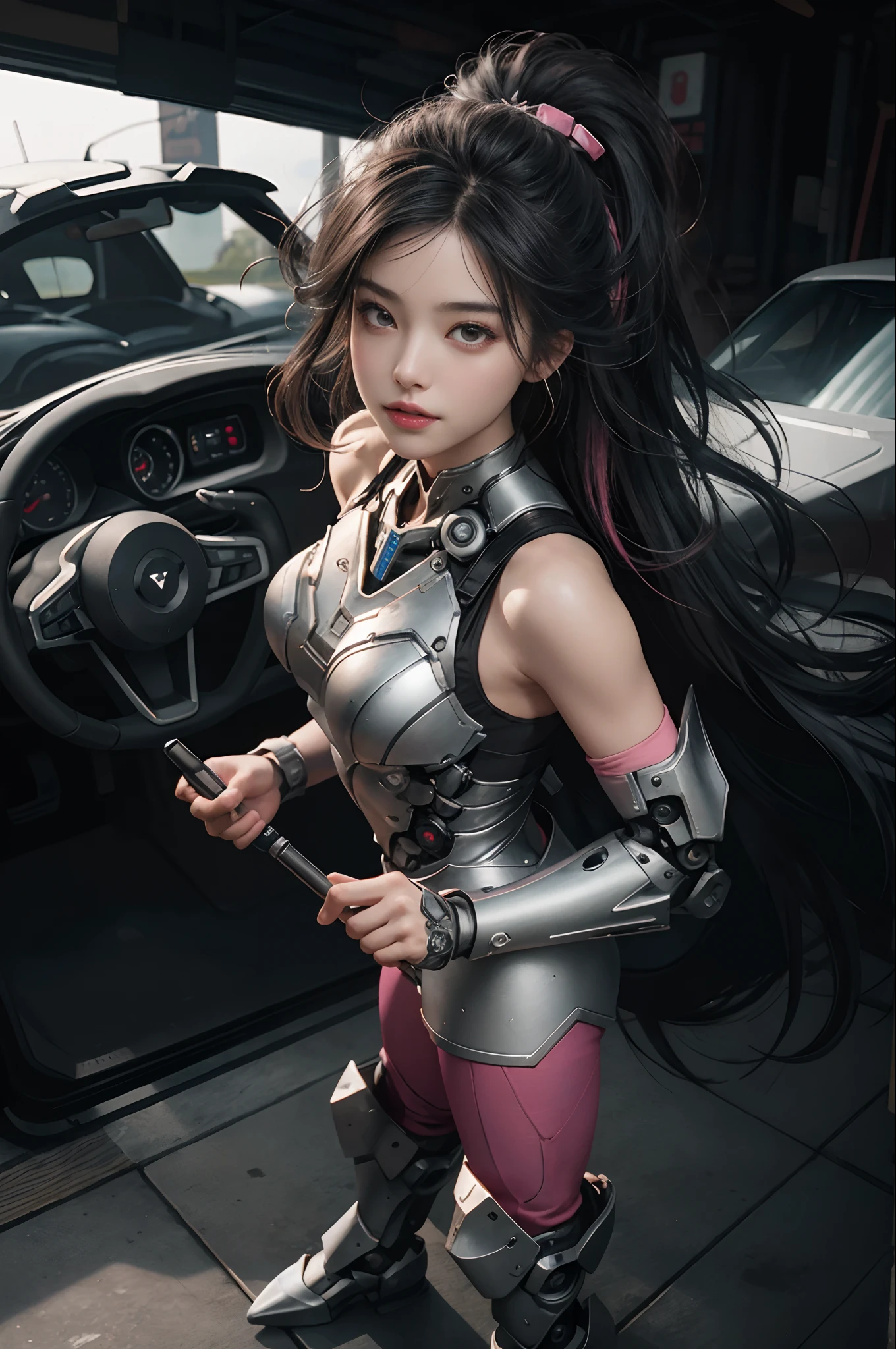 masterpiece, best quality, 1girl, solo, perfect face, looking at the viewer, tight skin transparent vinyl, long black hair, gray eyes, pale skin, shanyaogaoda, lock, pink armor with white part, armor, helmet, lineart, poorly lit, discreet, sharp focus, octane, backlighting, machines, backlighting, shiny clothes, mechanical legs, thrusters, flying, hair ornament, high heels, shiny, artist name,  standing, thighs, pink eyes, teeth, looking down, armored boots, cyborg, (large mechanical background: 1.2), bare shoulders, lips, machine, The view from bottom up, cosplay, RAW photo, delicate, best quality, (intricate details: 1.3), hyper detail, finely detailed, colorful, 8k uhd, film grain, (studio lighting: 1.2), (Fujifilm XT3), (photorealistic: 1.3), (detailed skin: 1.2) ultra high res,  Outside in park with lake, best quality, photo, 4k, (photorealistic: 1.4)