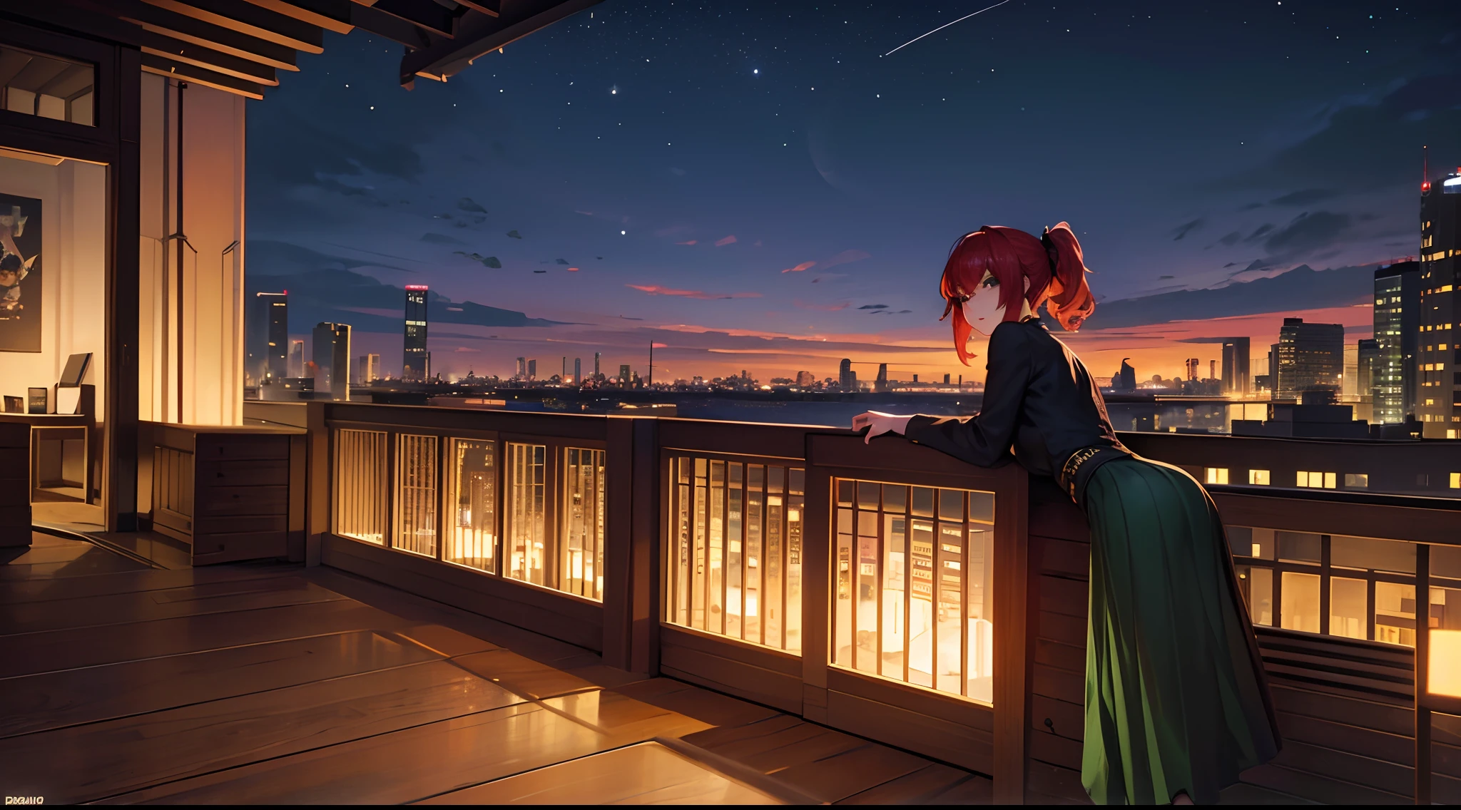 masterpiece, lots of detail, 4k, 8k, ((ultra-detailed)), highres, rooftop, looking out, night, alcohol, drunk, {red hair|green hair|black hair|blue hair}, {ponytail|short hair|long hair|curly hair}