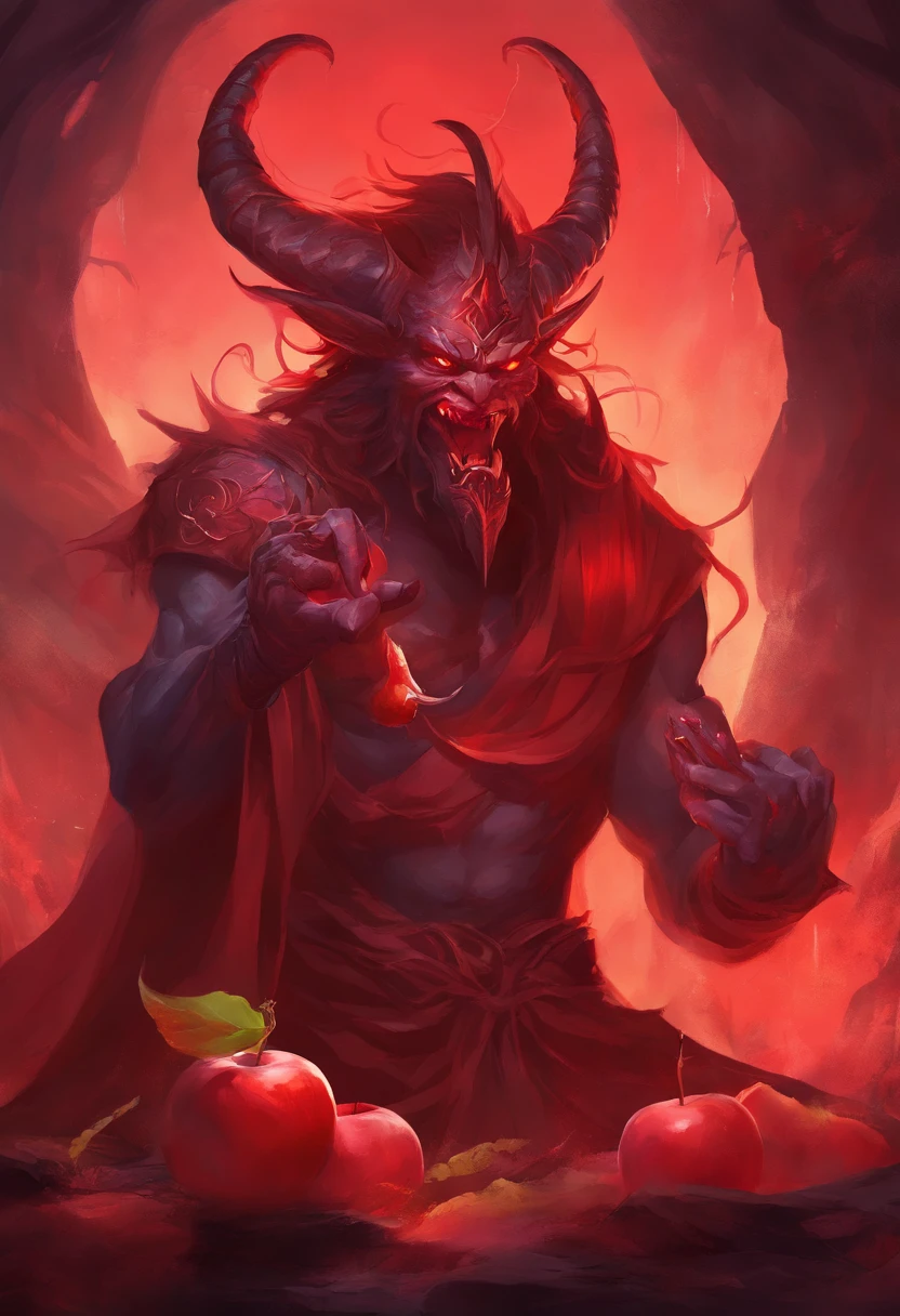 An Anime Oni eating an Apple, Cinematic, Terror, horror, red goo, HD, Dark fantaksy
