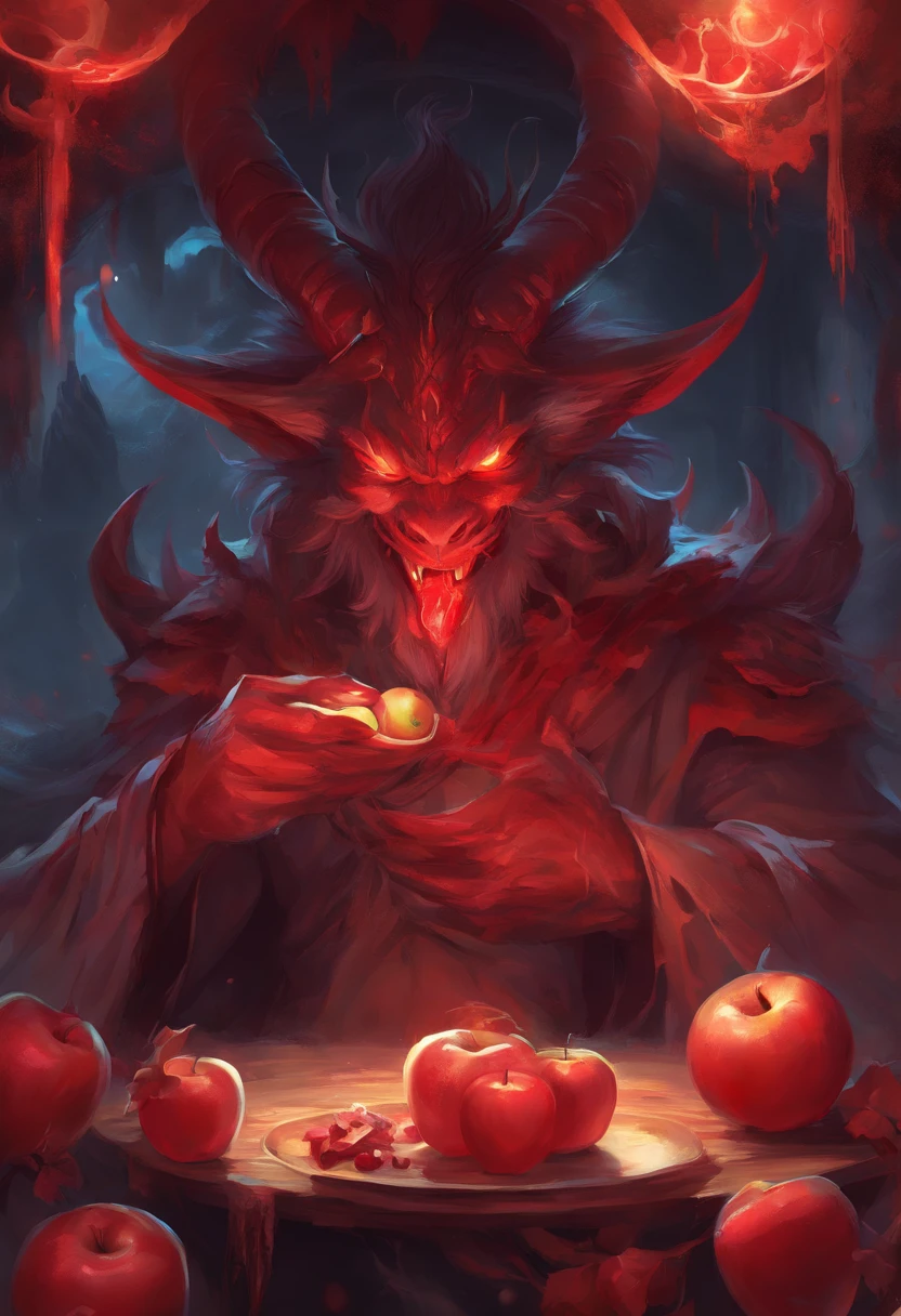 An Anime Oni eating an Apple, Cinematic, Terror, horror, red goo, HD, Dark fantaksy