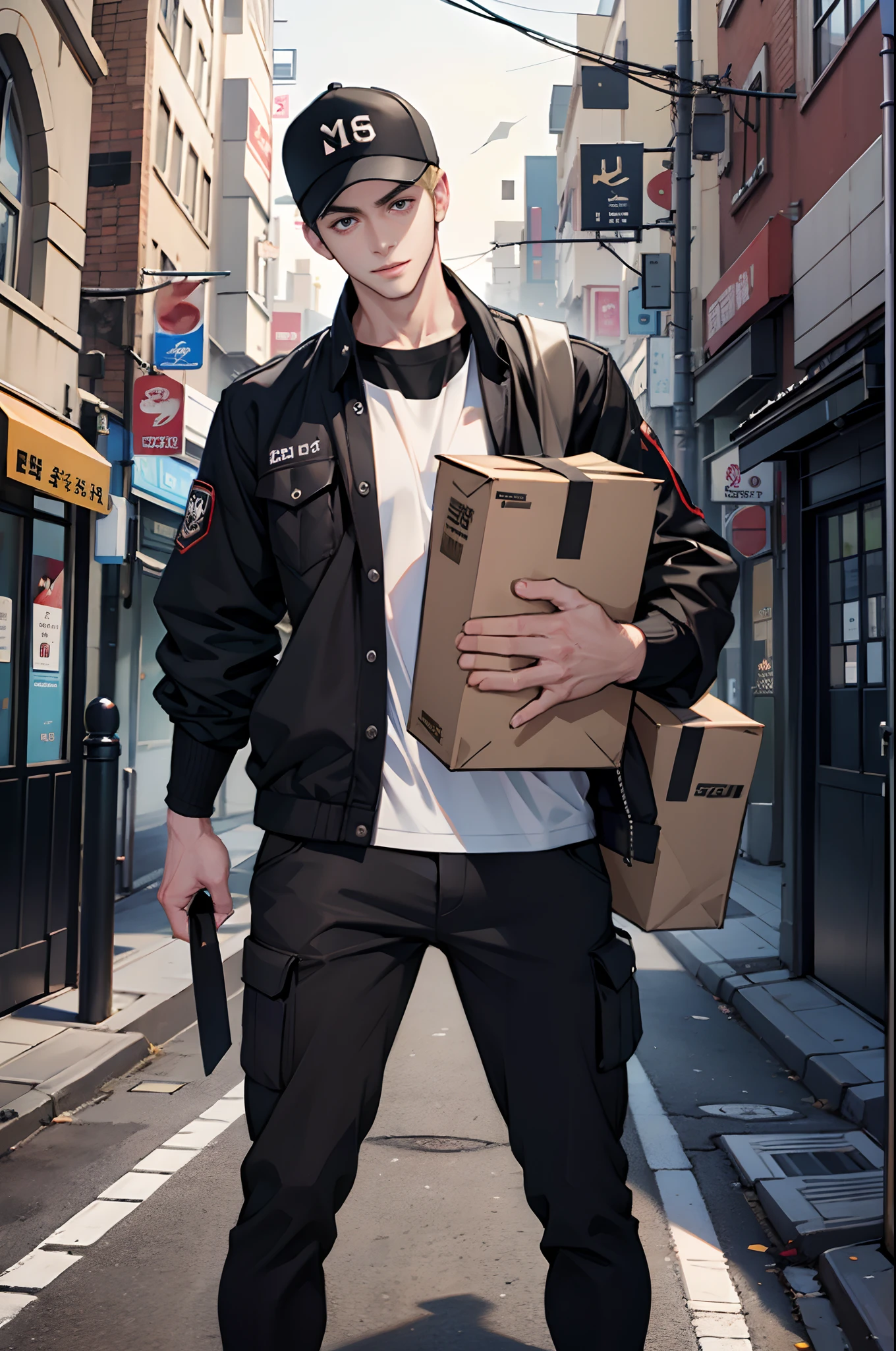 （tmasterpiece，超高分辨率，16k UHD，high qulity），low tune，standing on your feet，looking at viewert，tmasterpiece，A tall male delivery man，On the doorstep of the apartment，are standing，（Golden hair），Black eyes，ssmile，Seoul，（small heads），Tall man, Masculine face shape，Precise anatomy，Precise hand structure，Wear a delivery man's uniform，baseball cap，Black Jacket，espadrilles，A truck was parked nearby，He was holding a package，Unity 16K wallpaper，concept-art，One guy，8K eyes，（（（Mature male））），（extra very short hair），（photorealiscic face：1.8），broad shoulder，slips，（full bodyesbian：1.6），Male 18