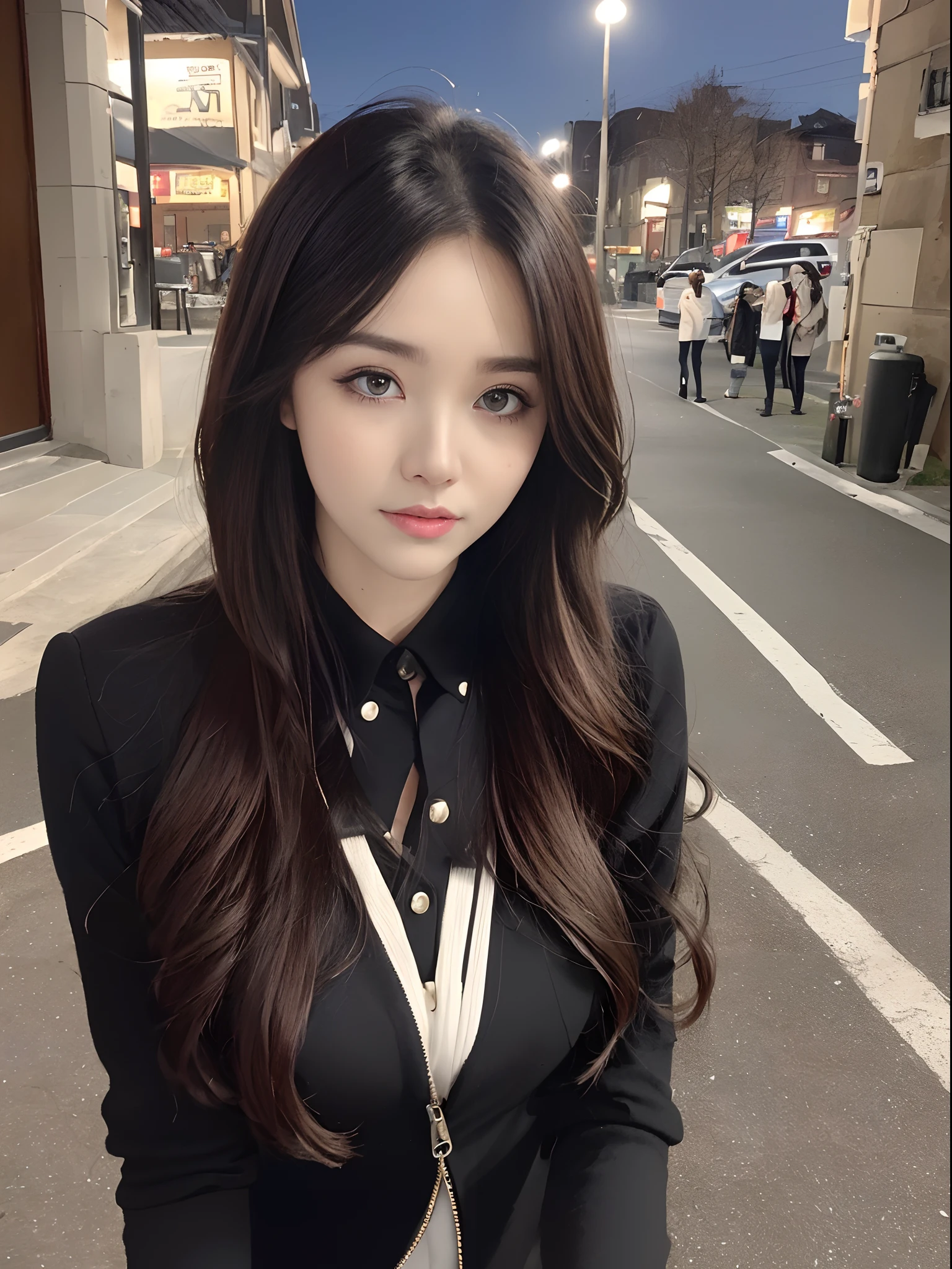 ((4K works))、masterpiece、(top-quality)、1 beutiful girl、Slim body、((Attractive clothes in black and white))、(Detailed beautiful eyes)、Take selfies on the road at night、((Face similar to Carly Rae Jepsen))、((Boyish red-brown long hair))、((Smaller face))、((Neutral face))、((Bright blue eyes))、((American adult women))、((Adult female 26 years old))、((cool lady))、((Like a celebrity))、((Shy look))、((Korean Makeup))、((elongated and sharp eyes))、((Girlfriend enjoying happy date))、((boyish))、((She is walking in front of the viewer))、((Shot from an angle above the face))、((Her selfie))、((Zoom focus to face))、((Face enhancement))、((Shot close to the face))、((Face Close-up))