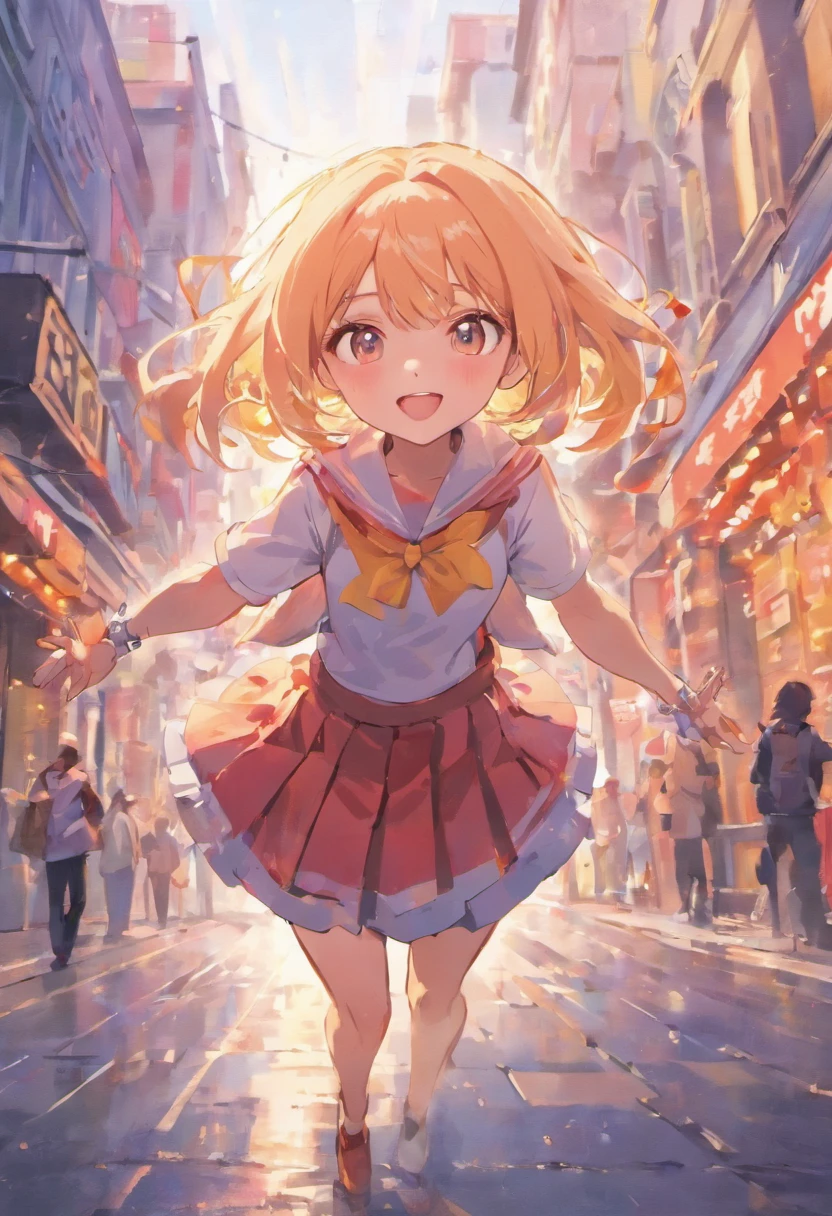 cute,hot,smile:1.1,blushed,school dress,perfect eyes,expressive eyes,dynamic pose,city background,cityscape,simple background,beautiful pose,full body),(best quality,8k,masterpiece:1.2),ultra-detailed,(realistic,photorealistic,photo-realistic:1.37),vibrant colors,soft sunlight,sharp focus,crisp details,lively atmosphere,joyful expression,energetic,playful,sunlit hair,motion blur,magical lighting,glowing city lights