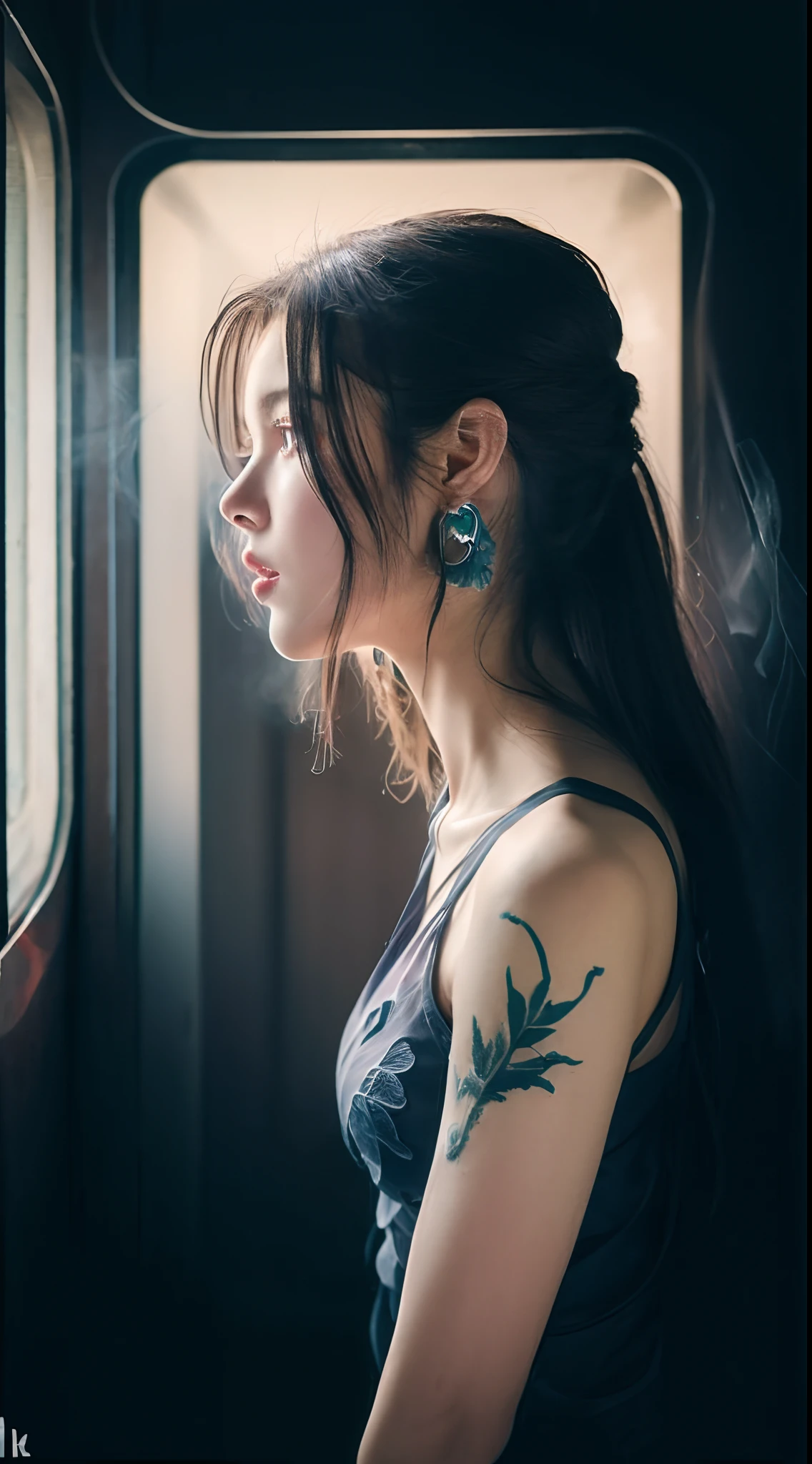 Long lavender hair,chonmage,pale blue color eyes,(Realistic:1.37)Red floral tattoo,Crystal earrings,Quinton,(surrealism:1.1),(Cinematic lighting:1.05),(reflective light:1.1),(Letterbox format:1.15),(profile:1.05),(From behind:1.1),(Best quality,4K,8K,A high resolution,Masterpiece:1.2),Ultra-detailed,Fuzzy dragon-shaped smoke,spacewalk