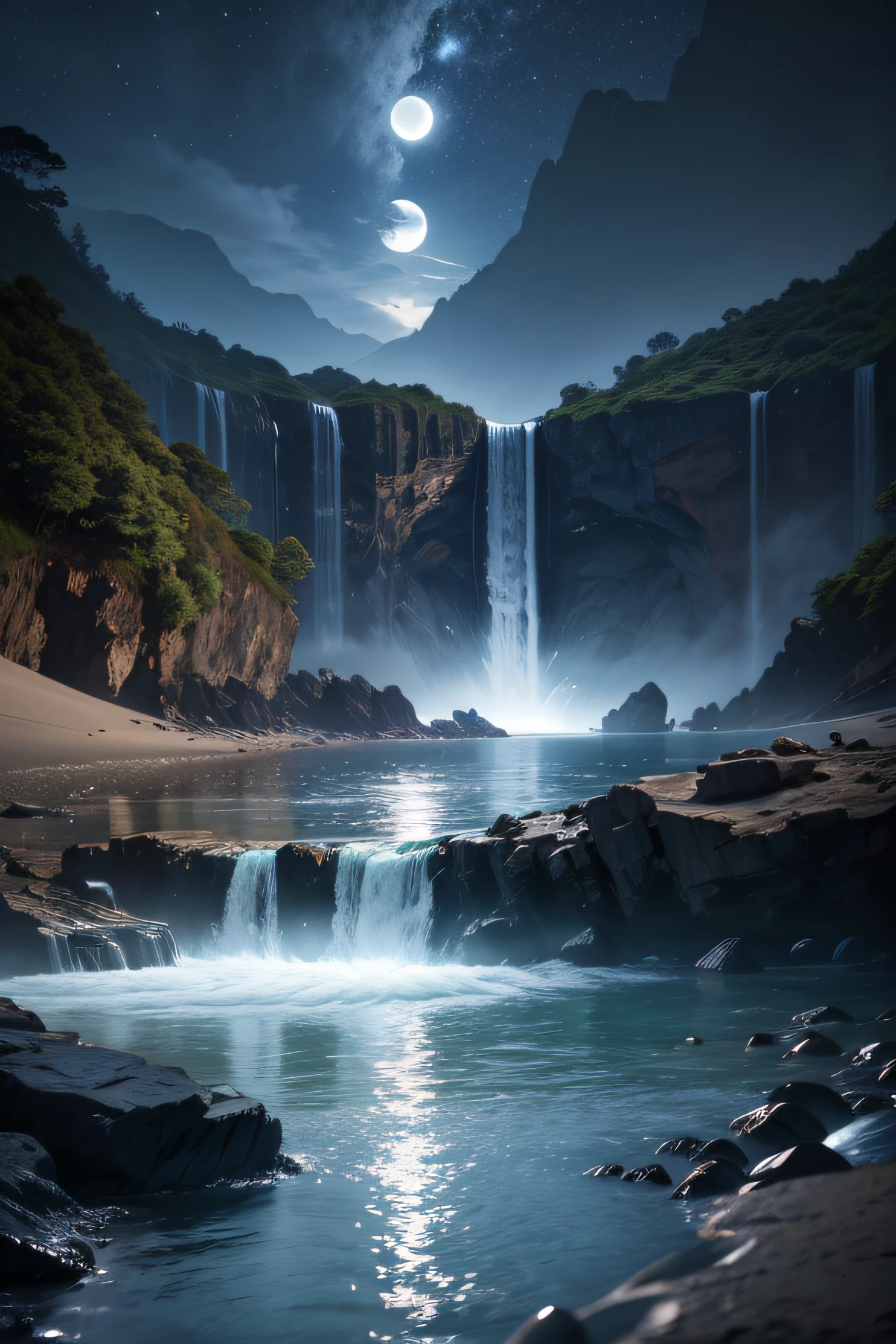 RAW realistic. a beach with a waterfall and in the moonlight. 8k, high quality