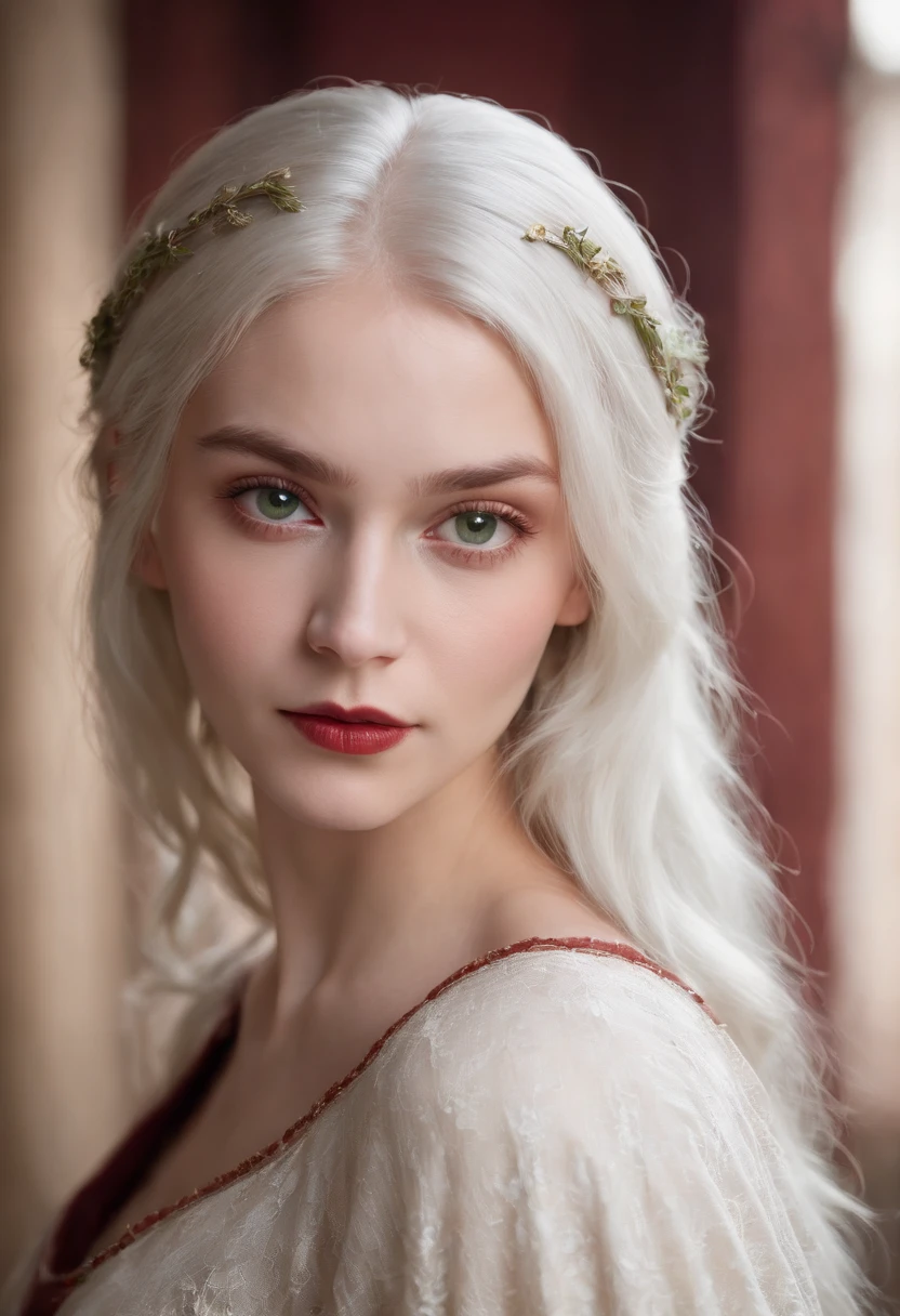 (((a deep reddish wound crosses her left cheek))) fair complexion, woman around 19 years old, natural white hair, distinctive green eyes, wearing kohl, slender and graceful, beautiful, candlelight in a medieval setting, ultra sharp focus, realistic shot,no clothes, tetradic colors (scar:1.4)