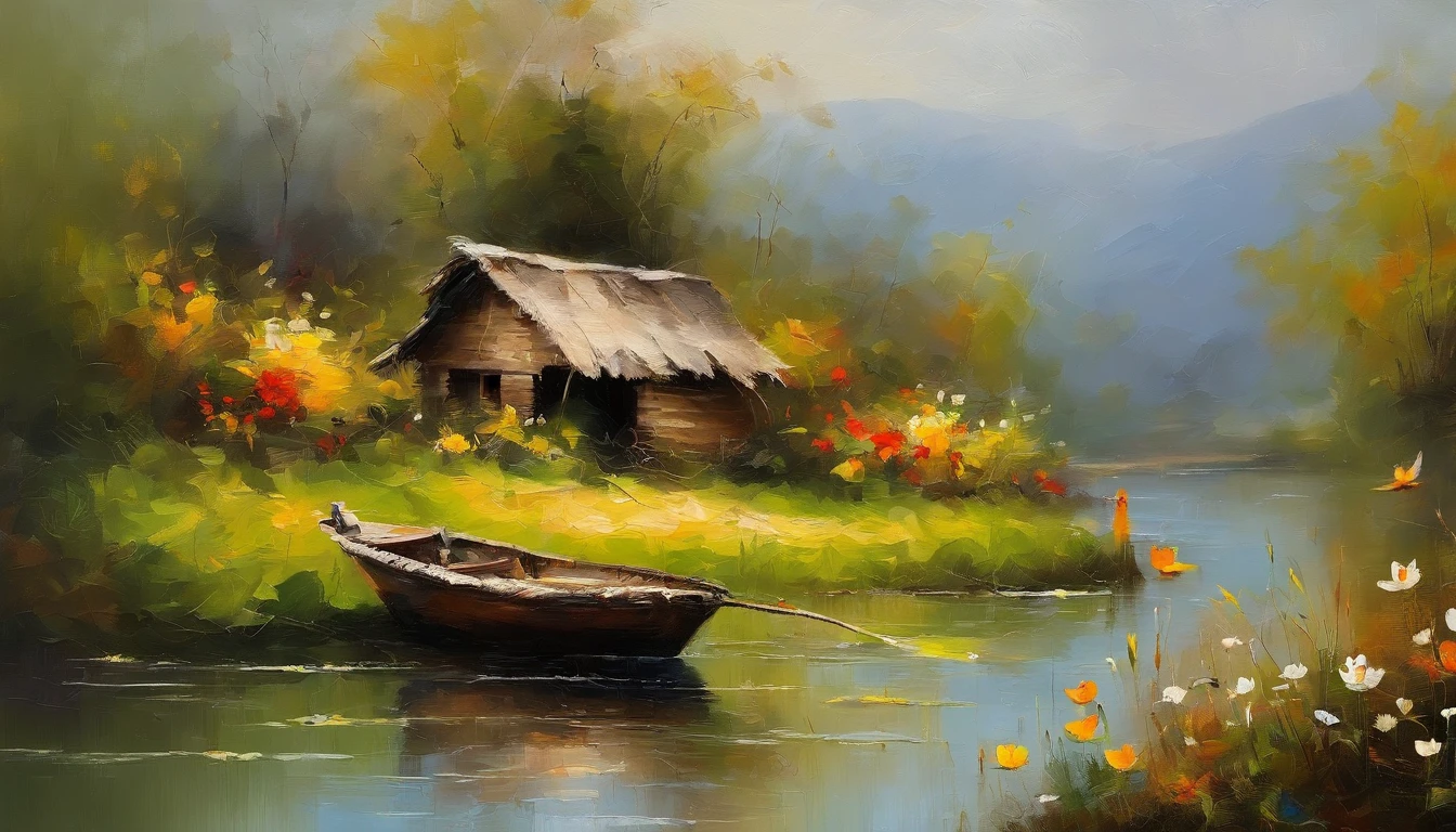 There are a old hut beside the river, a fishing boat near hut over the water, ((ducklings are swimming near the boat)), flowers are blooming beside the hut, an old man smoke and sitting in front of the hut. Masterpiece art work.