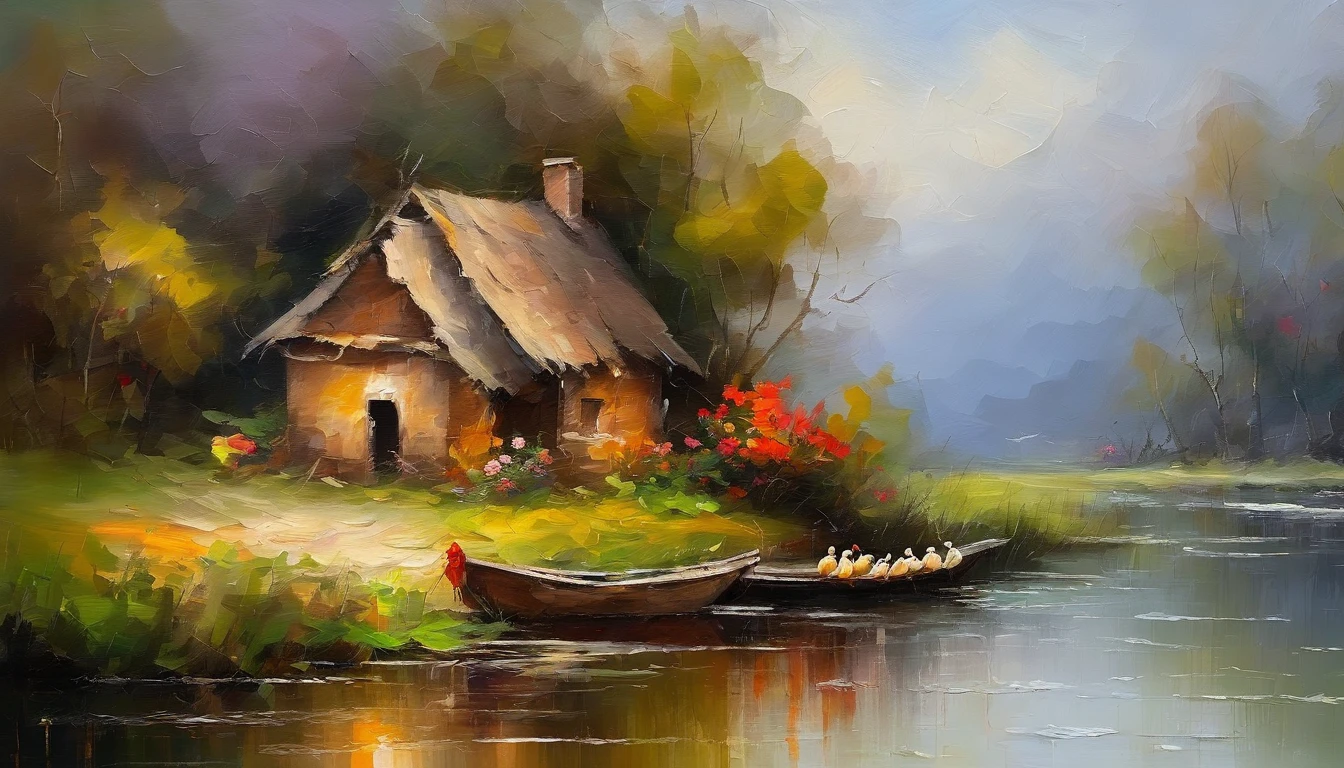 There are a old hut beside the river, a fishing boat near hut over the water, ((ducklings are swimming near the boat)), flowers are blooming beside the hut, an old man smoke and sitting in front of the hut. Masterpiece art work.