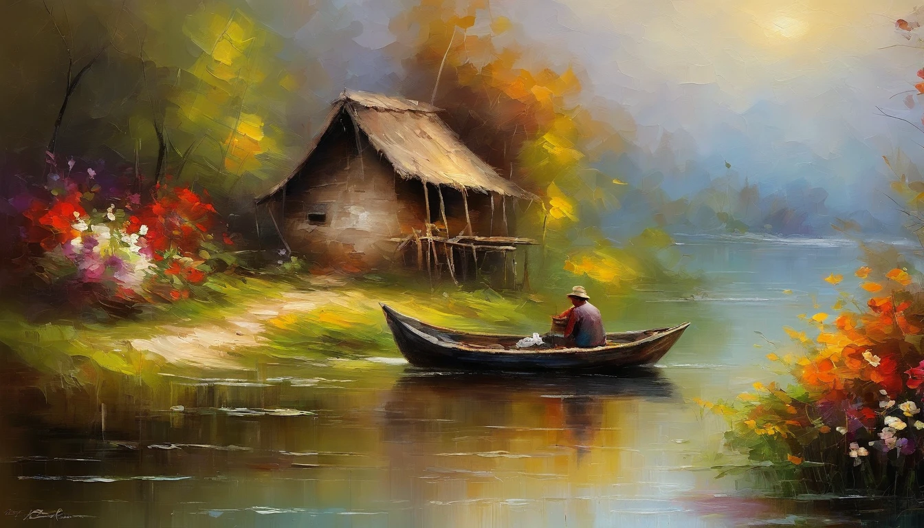 There are a old hut beside the river, a fishing boat near hut over the water, ((ducklings are swimming near the boat)), flowers are blooming beside the hut, an old man smoke and sitting in front of the hut. Masterpiece art work.