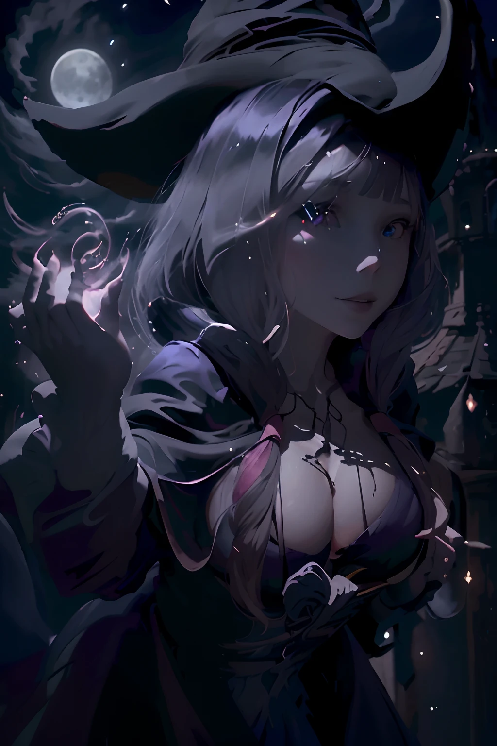 (best quality,highres:1.2),beautiful old witch, big bouncing breasts, beautiful long white hair, youthful skin, in black, flying on broomstick, white cat riding with her,moonlit night,enchanted forest,sparkling stars,shimmering magic,hauntingly beautiful,spellbinding aura,dark and mysterious,whispering winds,silhouette against the moon,glowing eyes,witch's hat,flowing cloak,witchcraft and sorcery,dark power,ancient spells,otherworldly presence,crackling energy,mystical atmosphere,ethereal beauty,spellbound onlookers,enigmatic smile,enchanted voyage,otherworldly adventure,rising above the clouds,crescent moon,shadowy figure,magic broomstick,magical cat companion,witch's familiar,luminous glow,magical incantation,sorceress of the night,moon goddess,witch's coven,dark arts,moonlit incantations