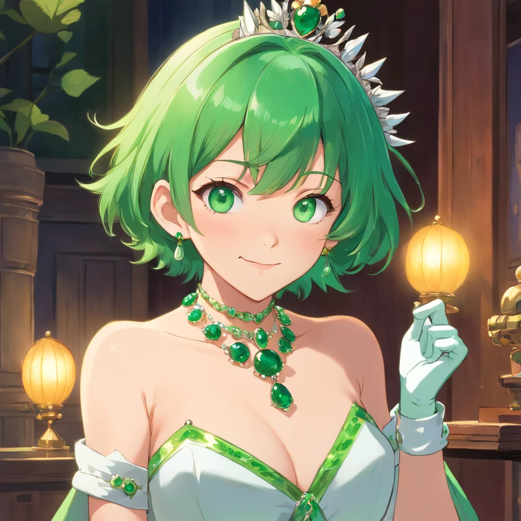 emerald tiara, Green Pearl Necklace, Boyish very short green hair, lipsticks, Japan woman smiling, very short short hair, fist, big breasts beautiful, Green eyes, Long green gloves made of satin material, Green eyes, Emerald Earrings