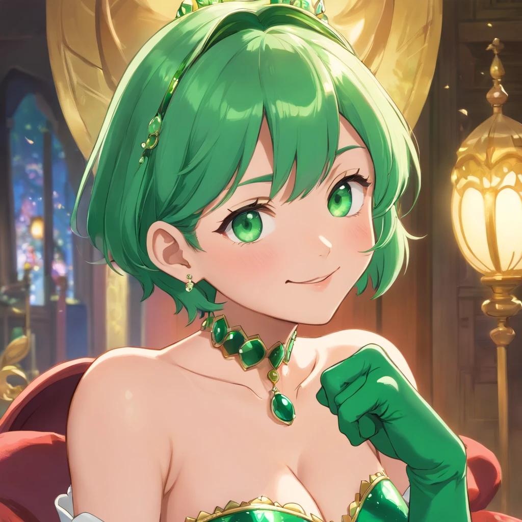 emerald tiara, Green Pearl Necklace, Boyish very short green hair, lipsticks, Japan woman smiling, very short short hair, fist, big breasts beautiful, Green eyes, Long green gloves made of satin material, Green eyes, Emerald Earrings