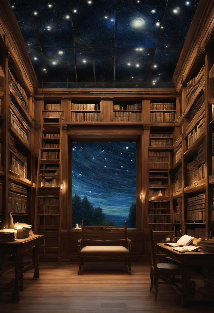 "Imagine a breathtaking 8k artwork inspired by Van Gogh's 'Starry Night', featuring a writer in a library at night. The scene should be meticulously detailed, with the writer sitting at a grand wooden desk adorned with quill pens and ink bottles. The library should be filled with classical literature, bookcases reaching the ceiling, and ladders to access the higher shelves. The artist should use Van Gogh's iconic swirling brushstrokes to depict a starry night sky through the library windows, casting a mesmerizing blue glow on the writer and surroundings."