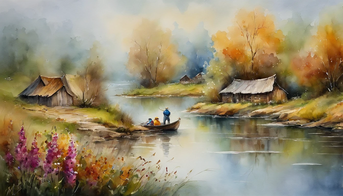 There are a old hut beside the river, a fishing boat near hut over the water, ((ducklings are swimming near the boat)), flowers are blooming beside the hut, an old man smoke and sitting in front of the hut. Masterpiece art work.