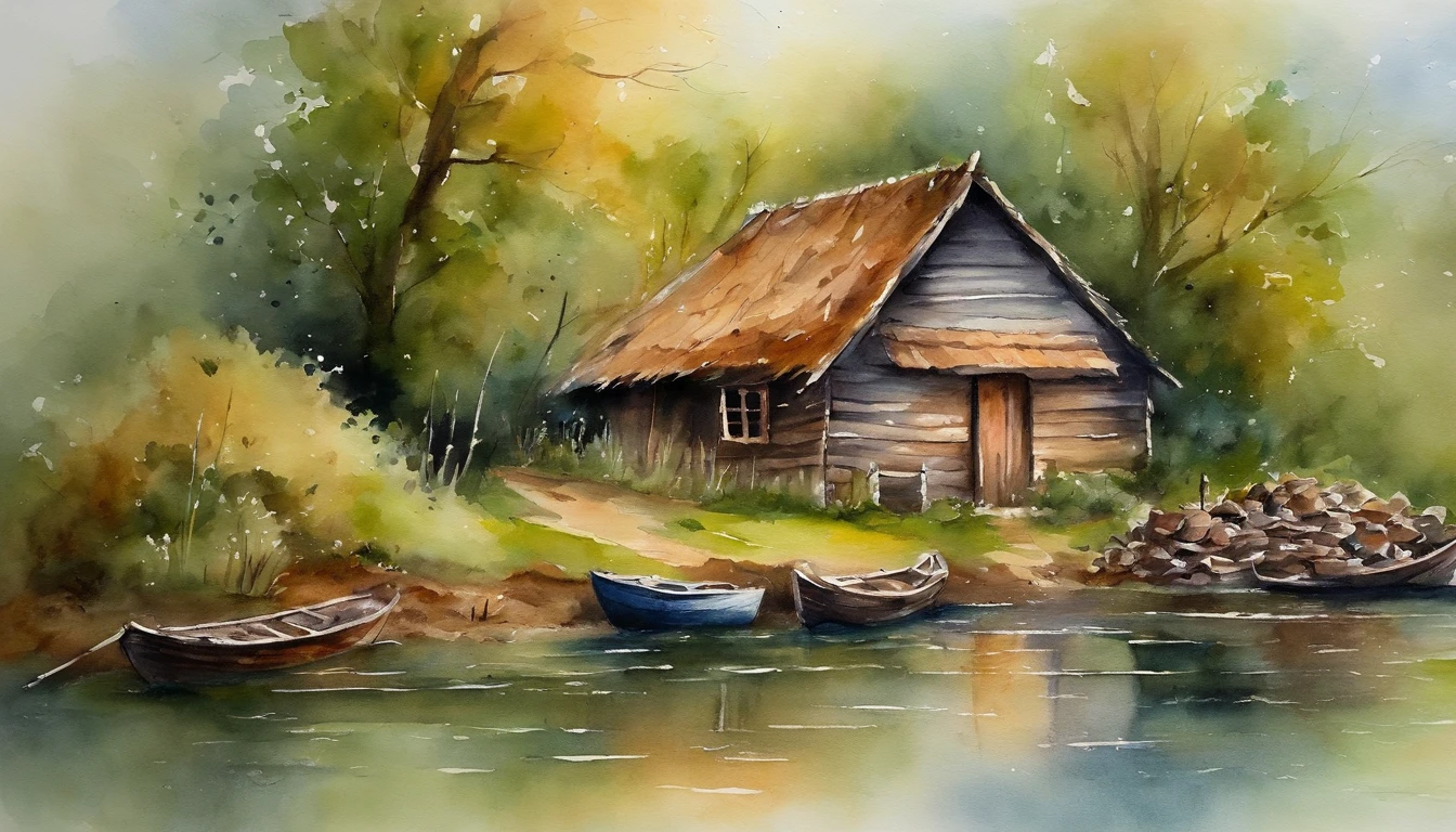 There are a old hut beside the river, a fishing boat near hut over the water, ((ducklings are swimming near the boat)), flowers are blooming beside the hut, an old man smoke and sitting in front of the hut. Masterpiece art work.