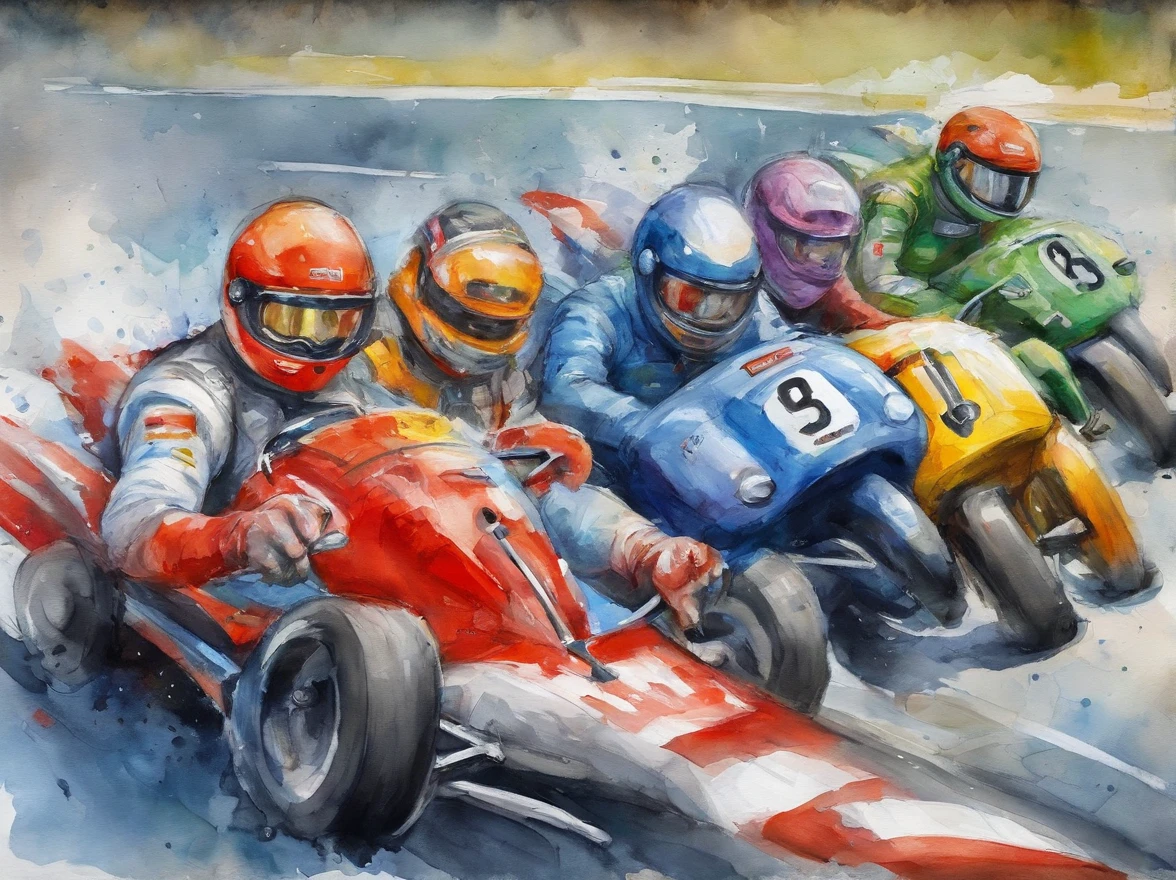 Three cartoon characters are riding on a track with helmets, New AI race, Alien racing drivers, f 1, race, helmet instead of head, helmet is off, Drivers, Ferrari, Formula 1, F1 cars blurred on the background, :underage::clown:, :whale2: as :elephant: as :robot: as :alien: as :whale:, official modern animation, cognitohazard, anime, pixelized, kids cartoon, kawaii, racing, kart, Roliman, speedway, raceway, retro, arcade, videogame
