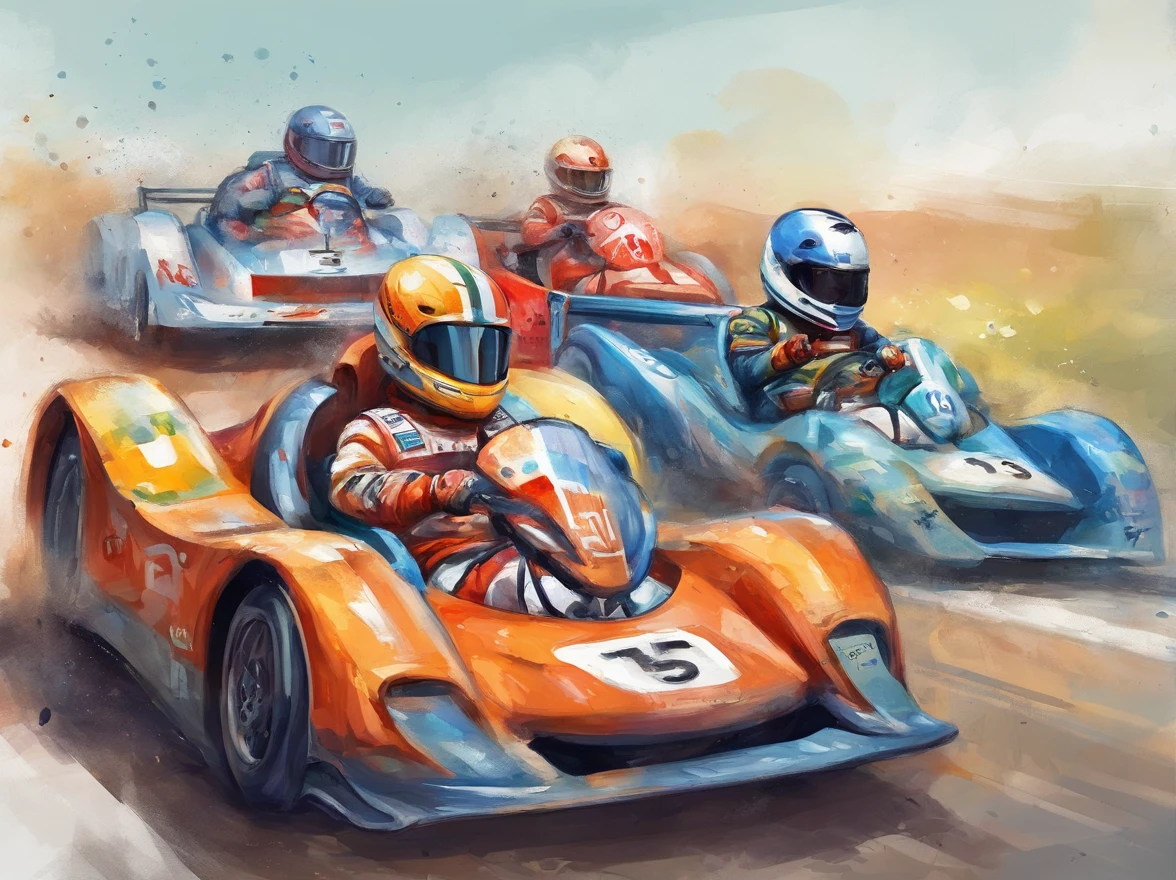 Three cartoon characters are riding on a track with helmets, New AI race, Alien racing drivers, f 1, race, helmet instead of head, helmet is off, Drivers, Ferrari, Formula 1, F1 cars blurred on the background, :underage::clown:, :whale2: as :elephant: as :robot: as :alien: as :whale:, official modern animation, cognitohazard, anime, pixelized, kids cartoon, kawaii, racing, kart, Roliman, speedway, raceway, retro, arcade, videogame